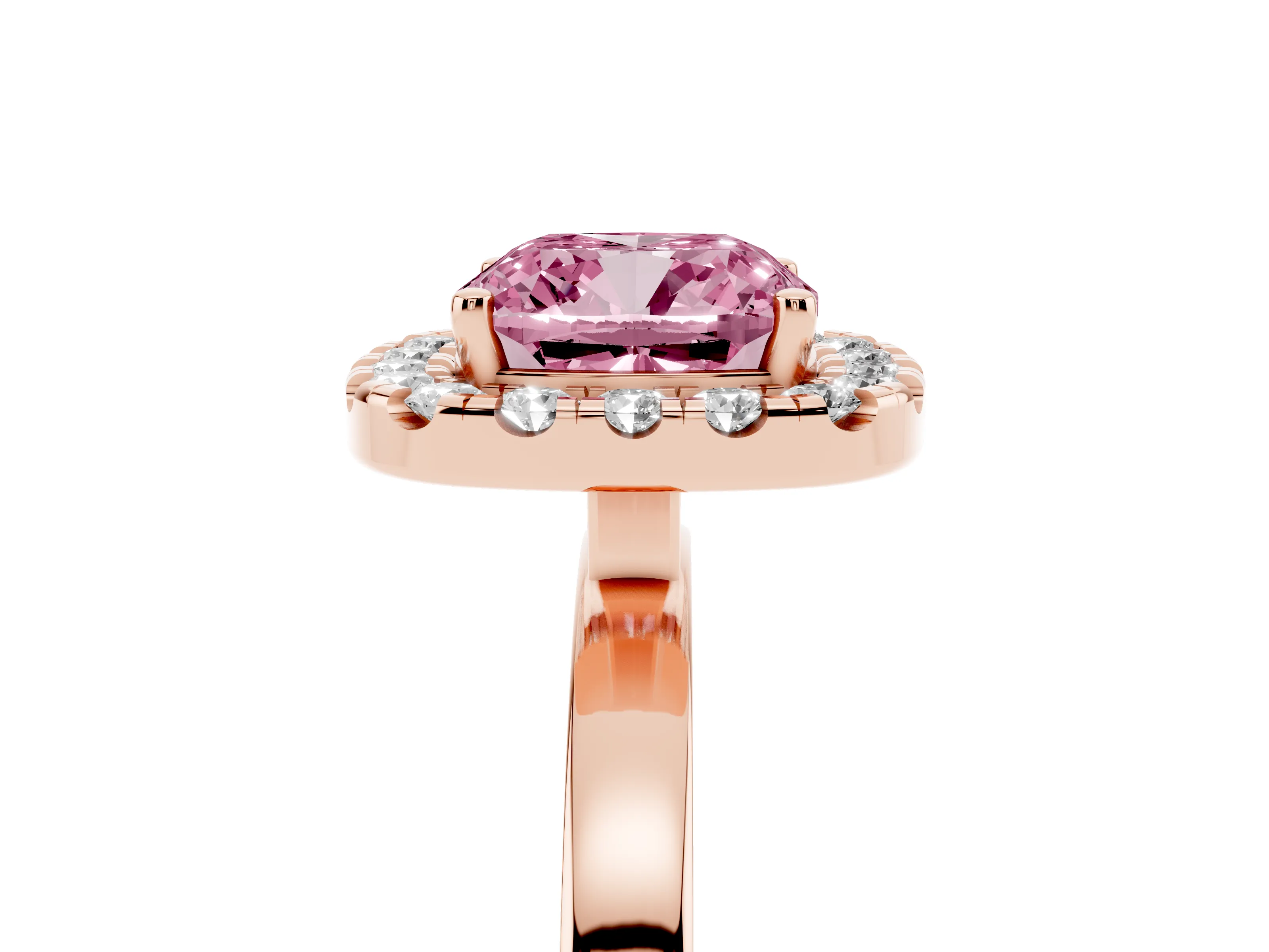 Fancy Pink Cushion Cut Diamond Halo Solitaire Ring Set in Rose gold with Pavé Band and Prong Setting