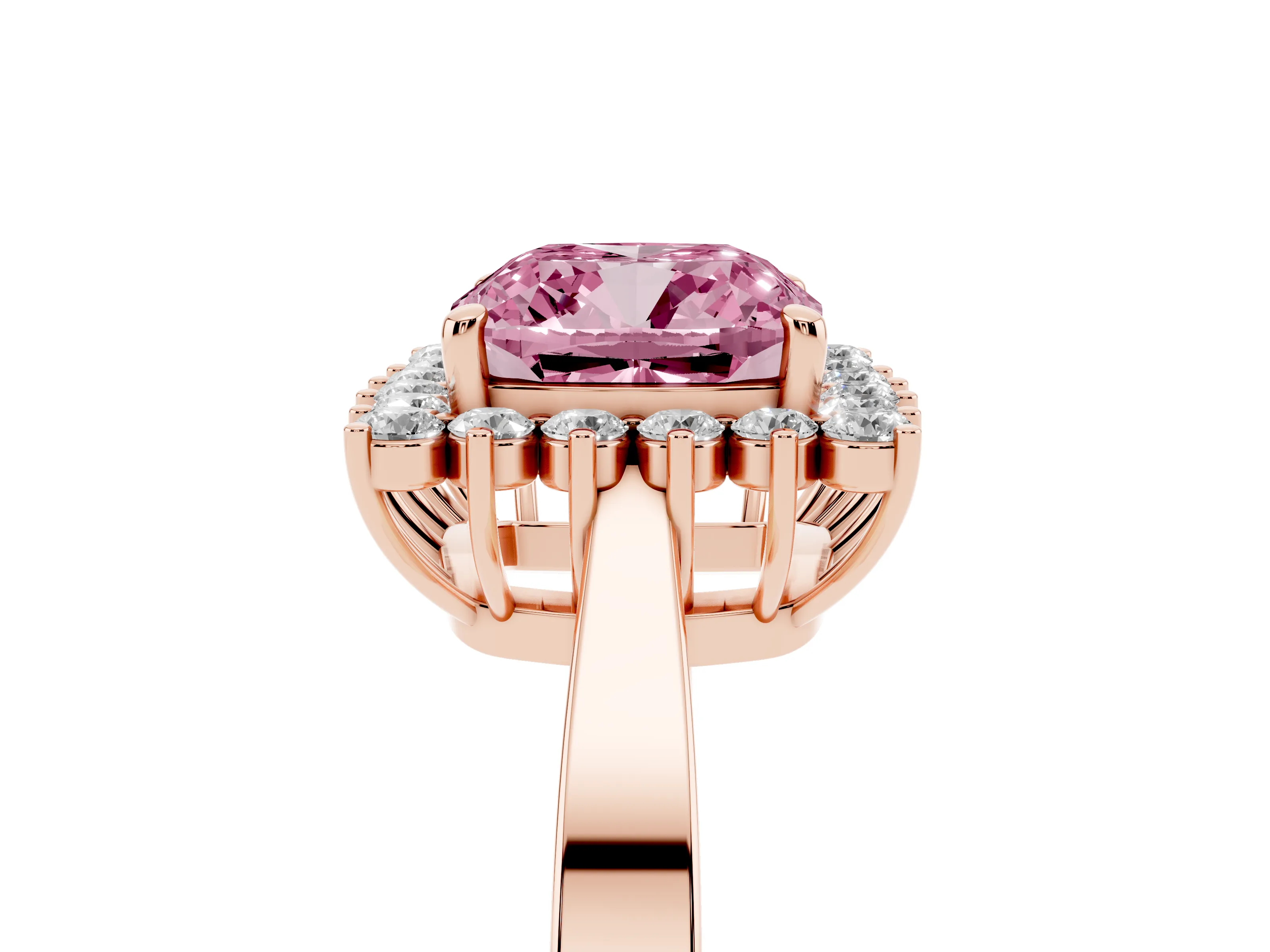 Fancy Pink Cushion Cut Diamond Halo Ring Set in Rose gold with Round Halo and Smooth Solitaire Band