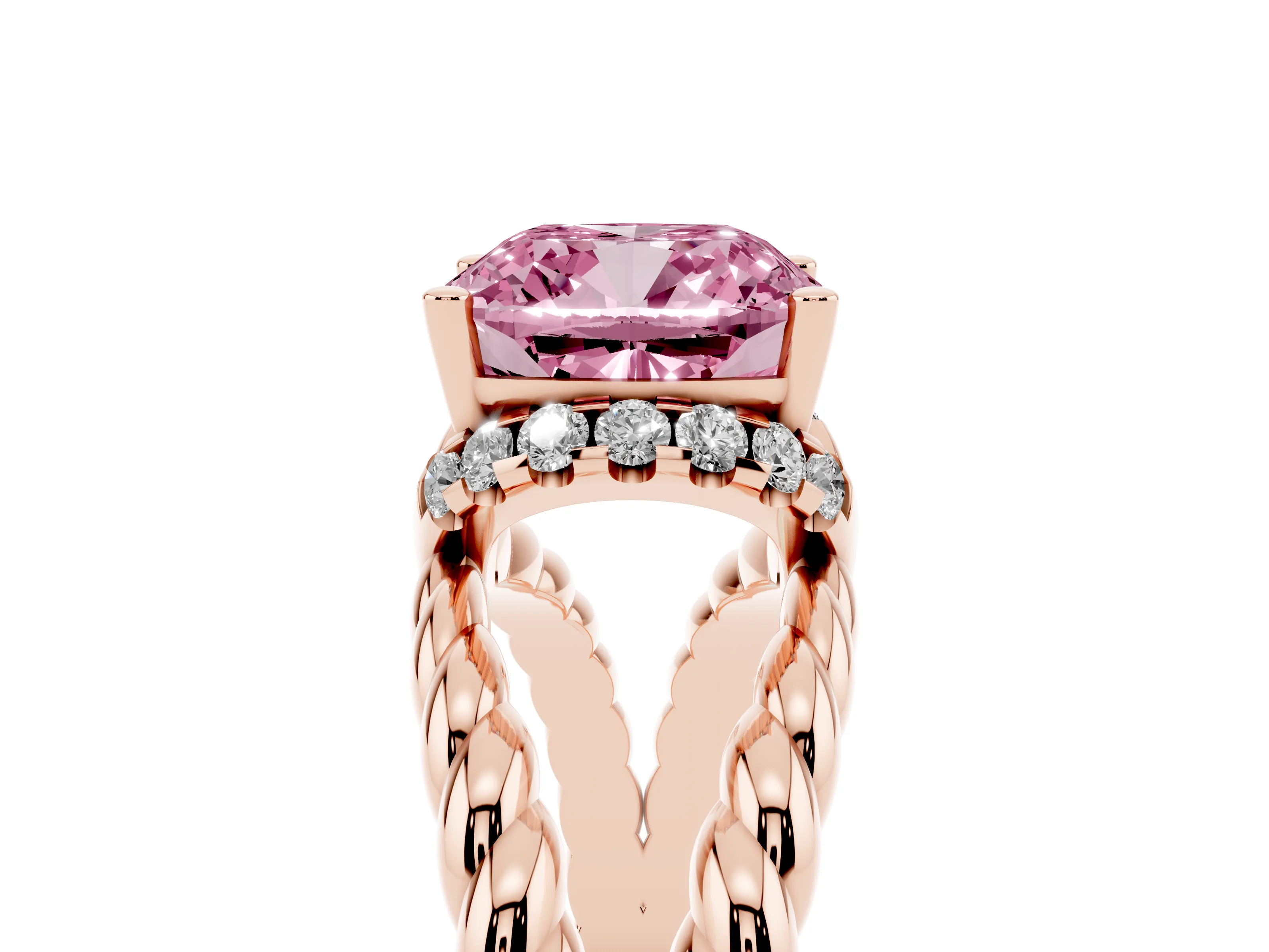 Fancy Pink Cushion Cut Diamond Halo Ring Set in Rose gold with Twisted Band and Prong Setting