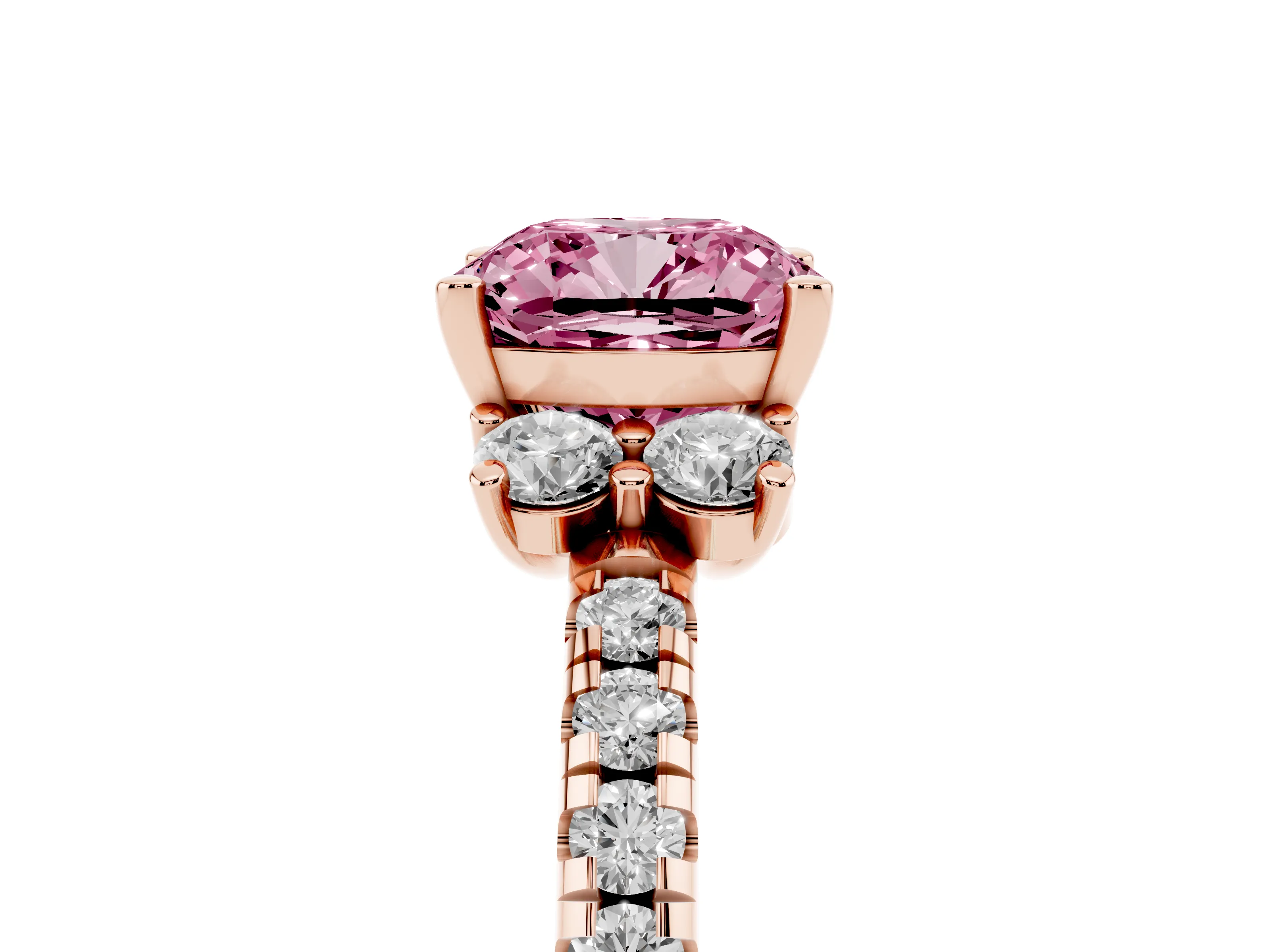 Fancy Pink Cushion Cut Diamond Three-Stone Pavé Ring Set in Rose gold with Prong Setting