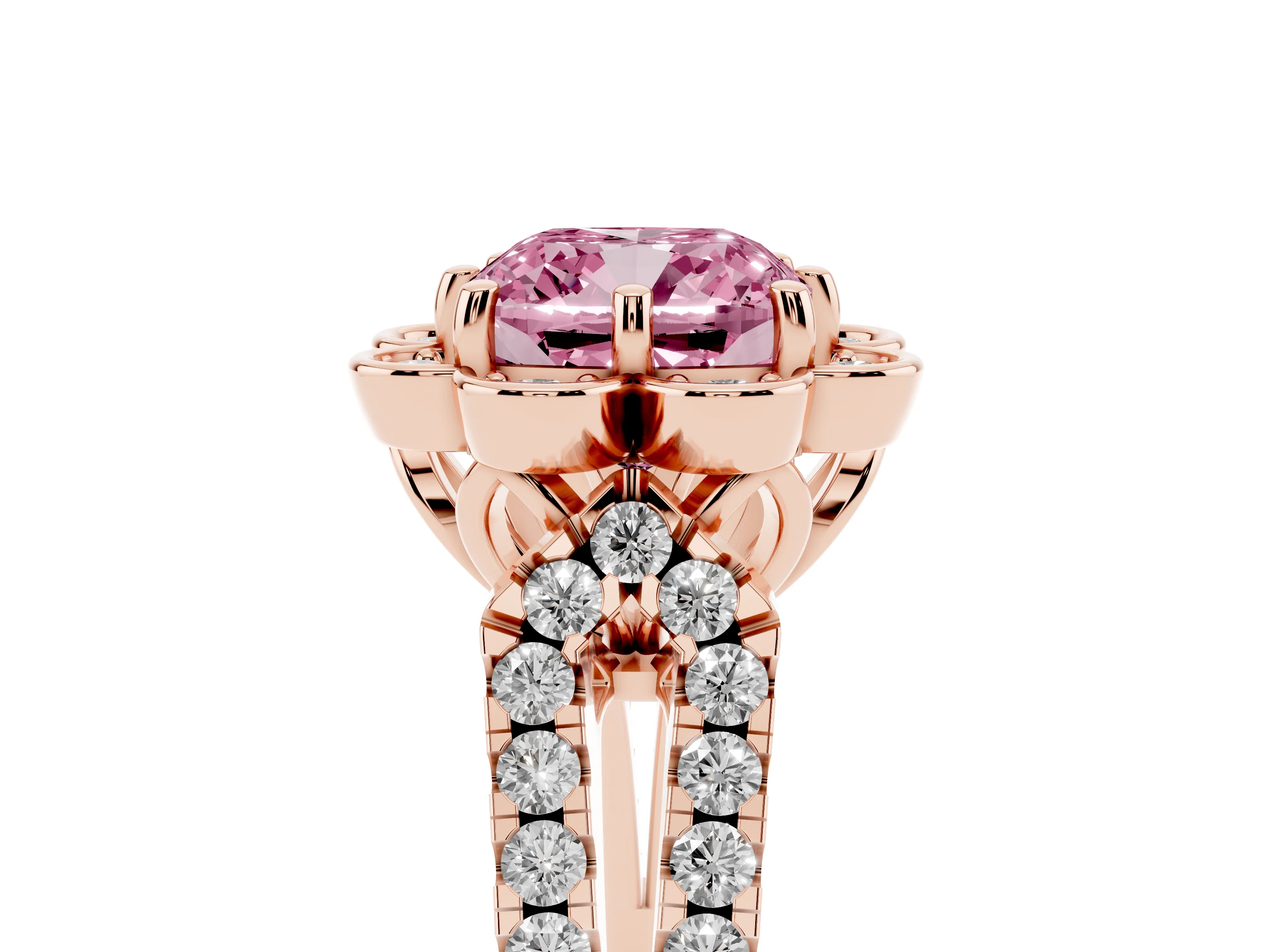 Fancy Pink Cushion Cut Diamond Floral Halo Split Shank Engagement Ring Set in Rose gold with Pavé Shank
