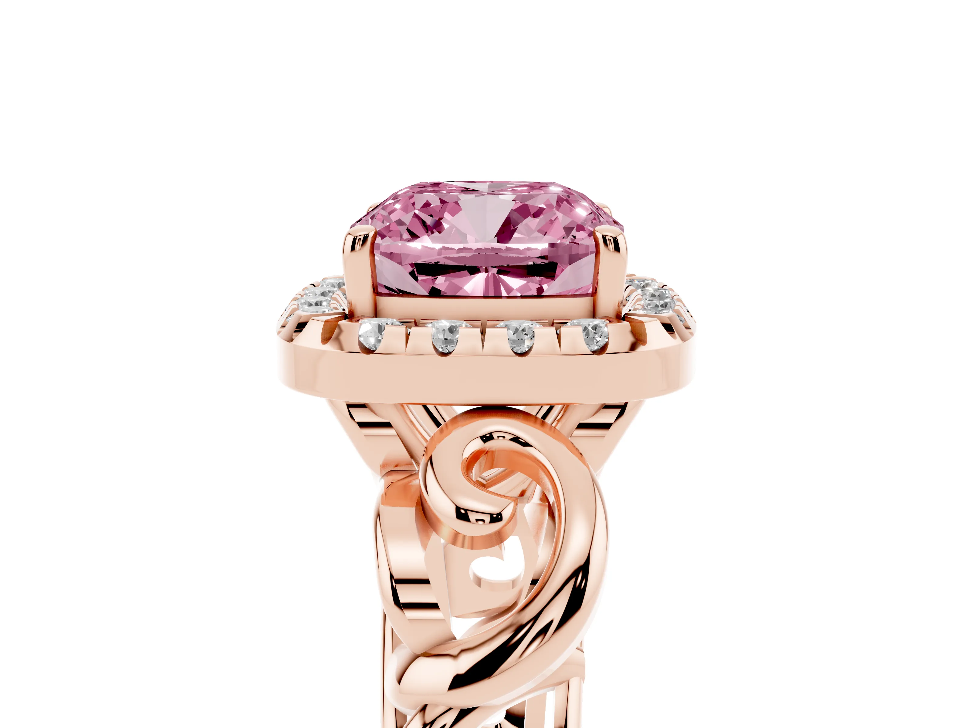 Fancy Pink Cushion Cut Diamond Halo Ring Set in Rose gold with Scrollwork Band and Prong Setting