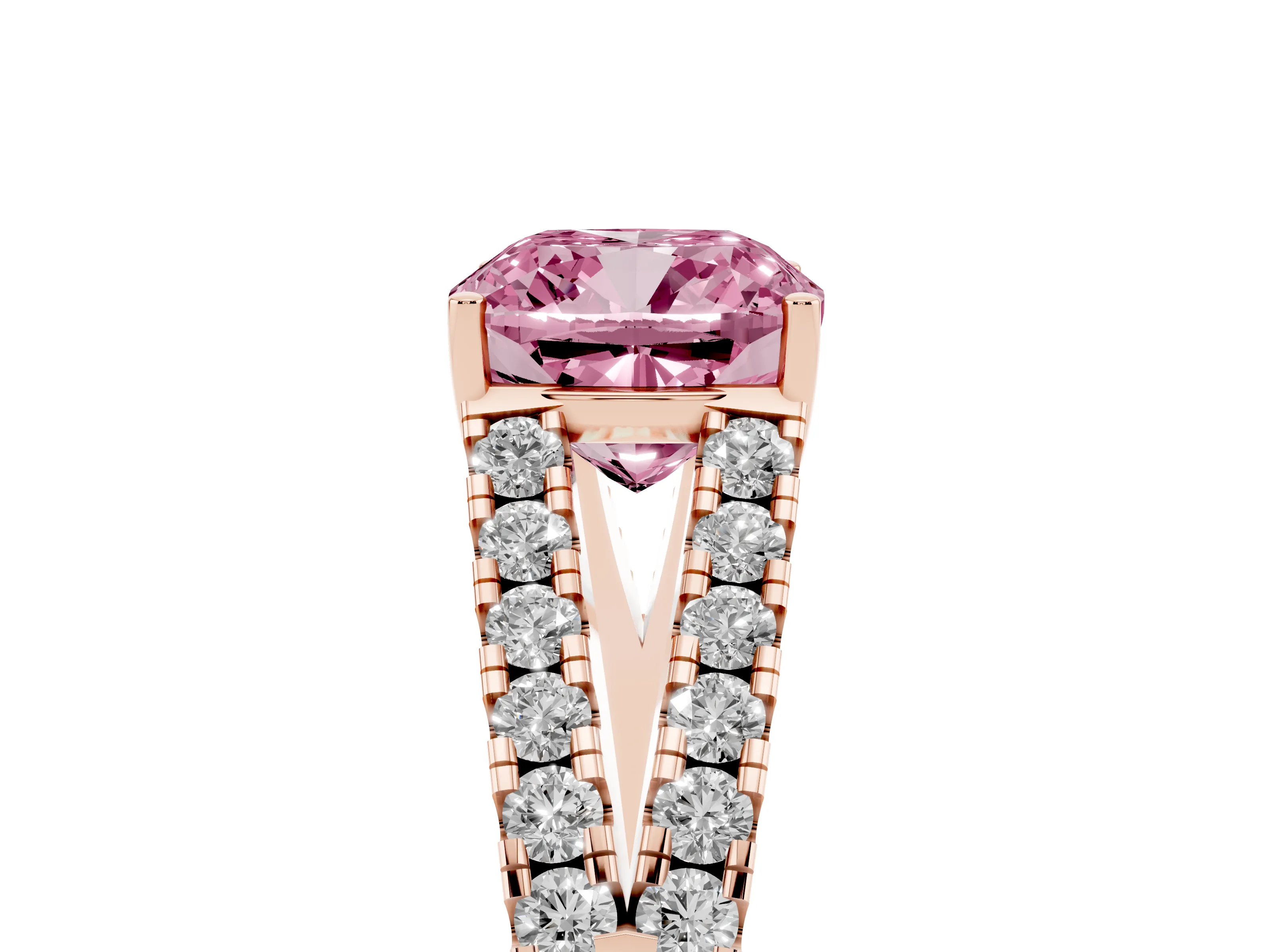 Fancy Pink Cushion Cut Diamond Split Shank Pavé Engagement Ring Set in Rose gold with Prong-Held Center Stone