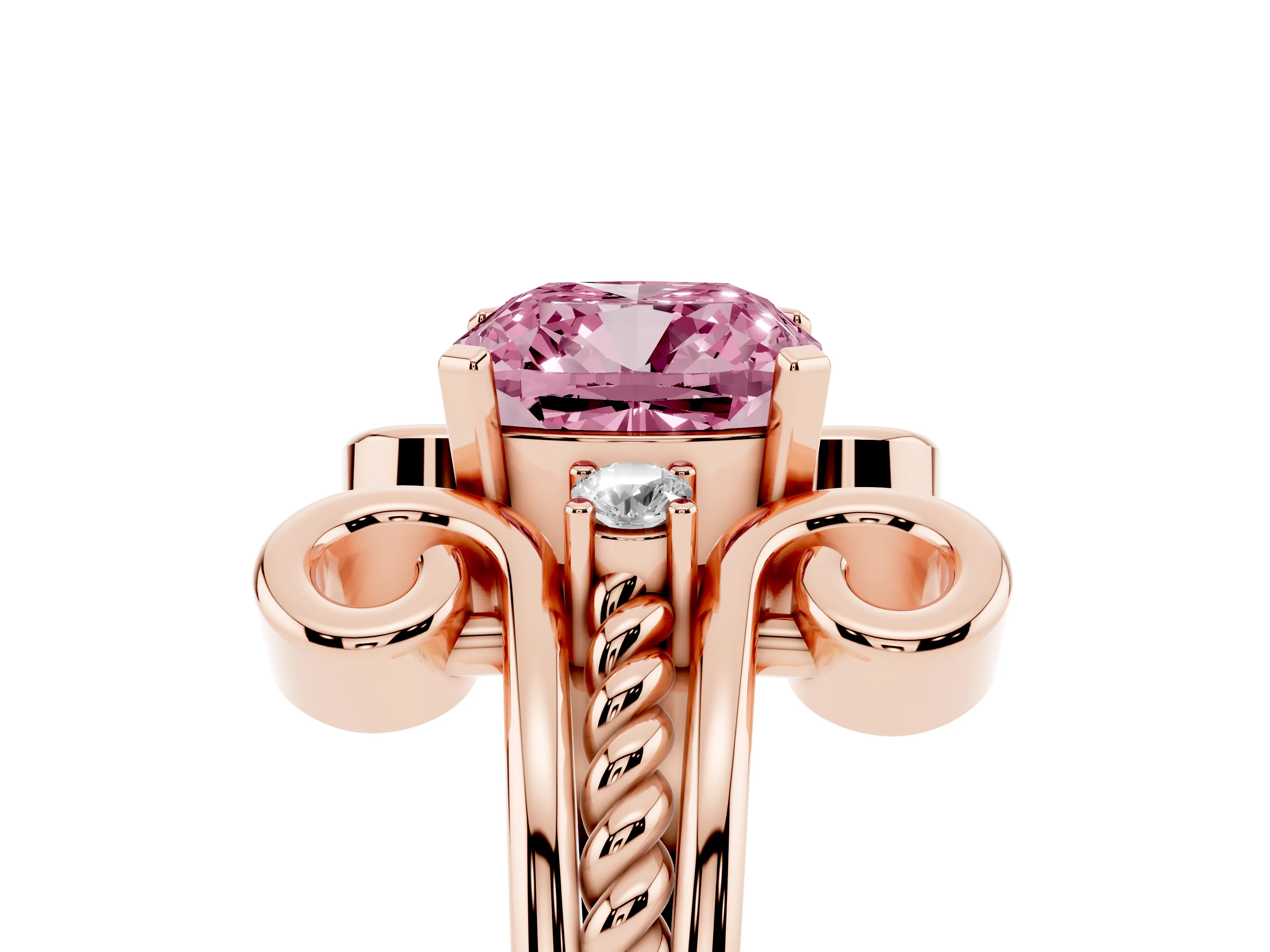 Fancy Pink Cushion Cut Diamond Twisted Band Solitaire Ring Set in Rose gold with Scroll Prongs