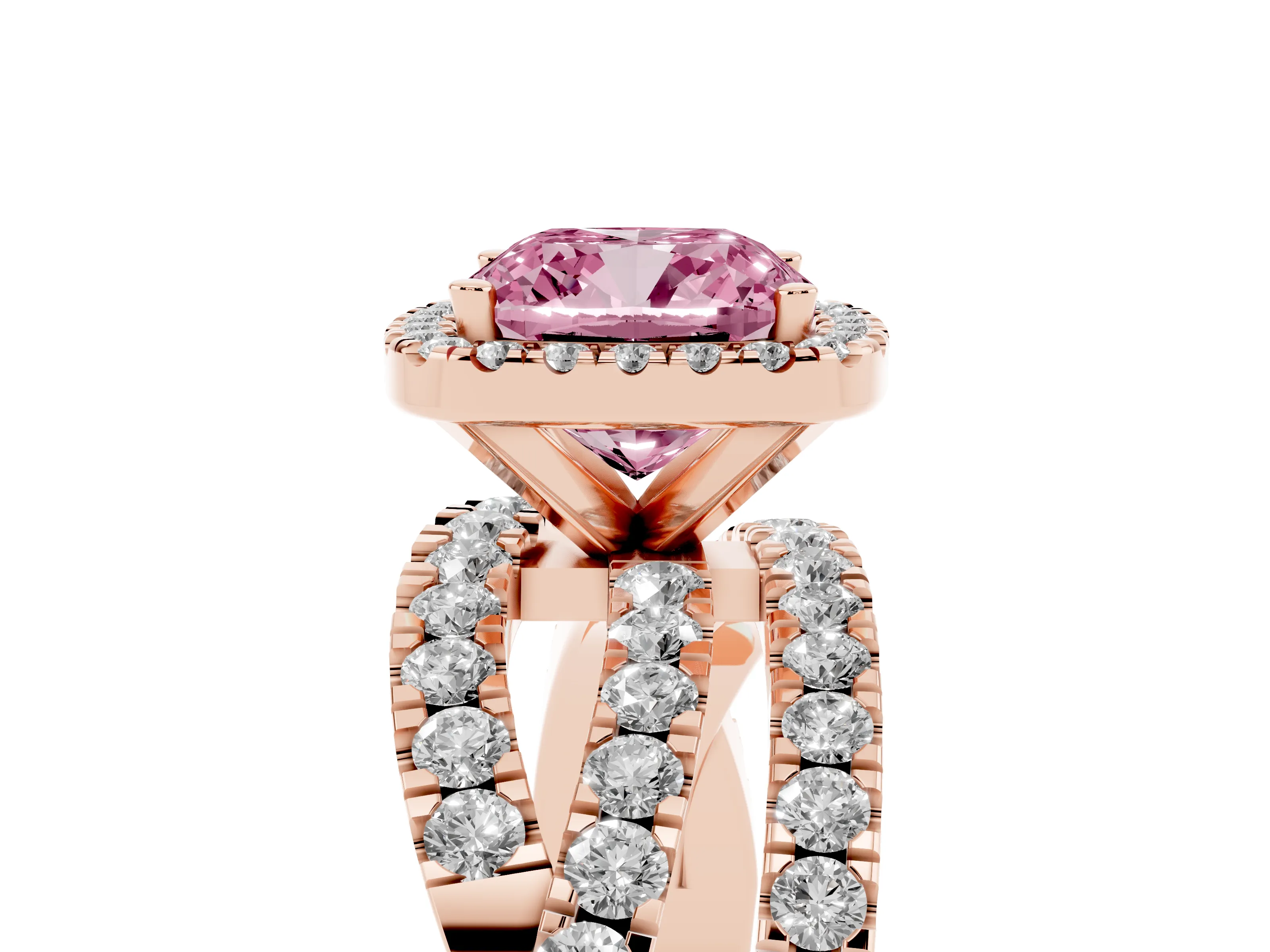 Fancy Pink Cushion Cut Diamond Halo Ring Set in Rose gold with Round Crossover Split Shank and Prong Setting