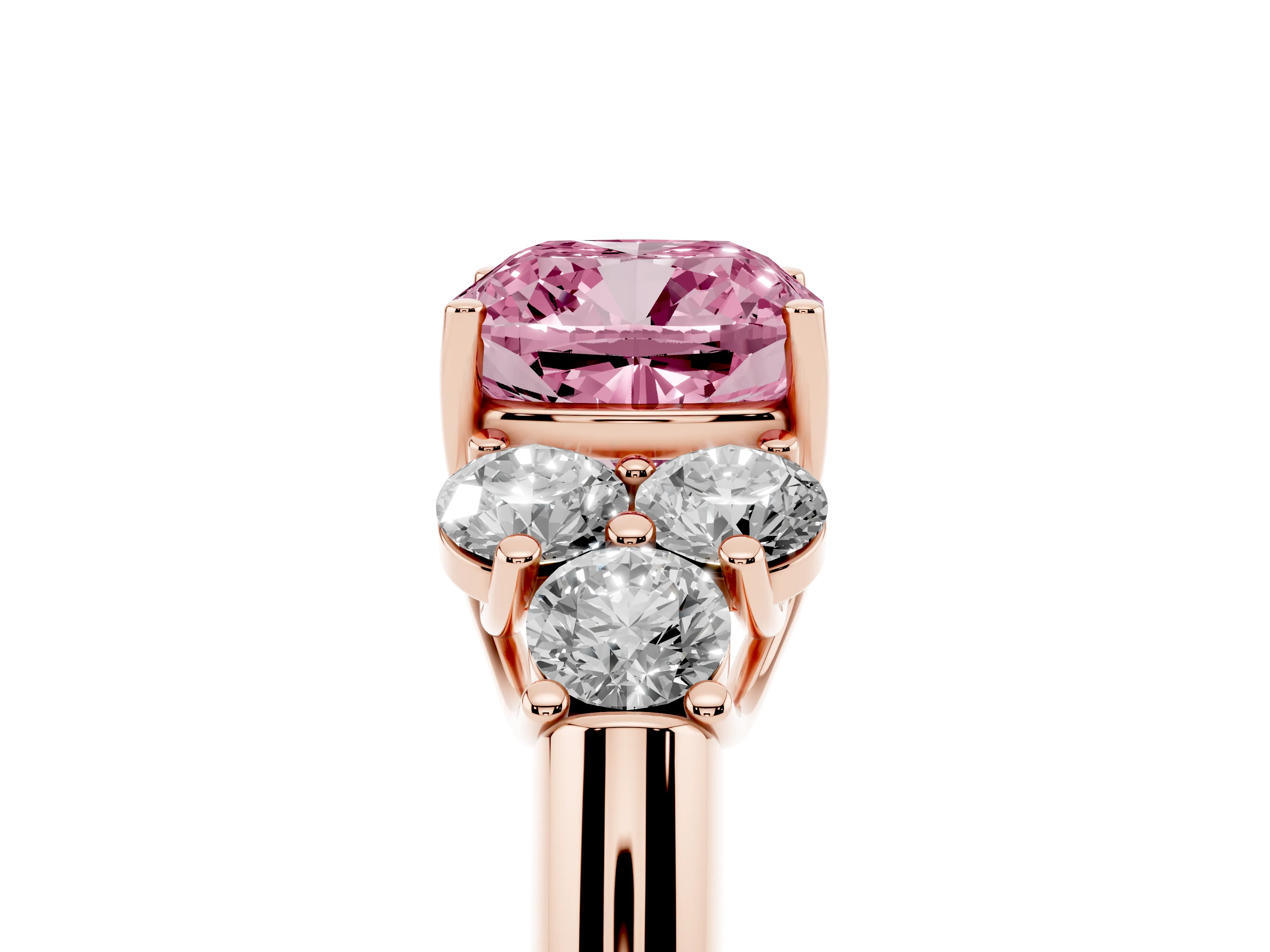 Fancy Pink Cushion Cut Diamond Cluster Ring Set in Rose gold with Round Accent Stones and Prong Setting on a Plain Band