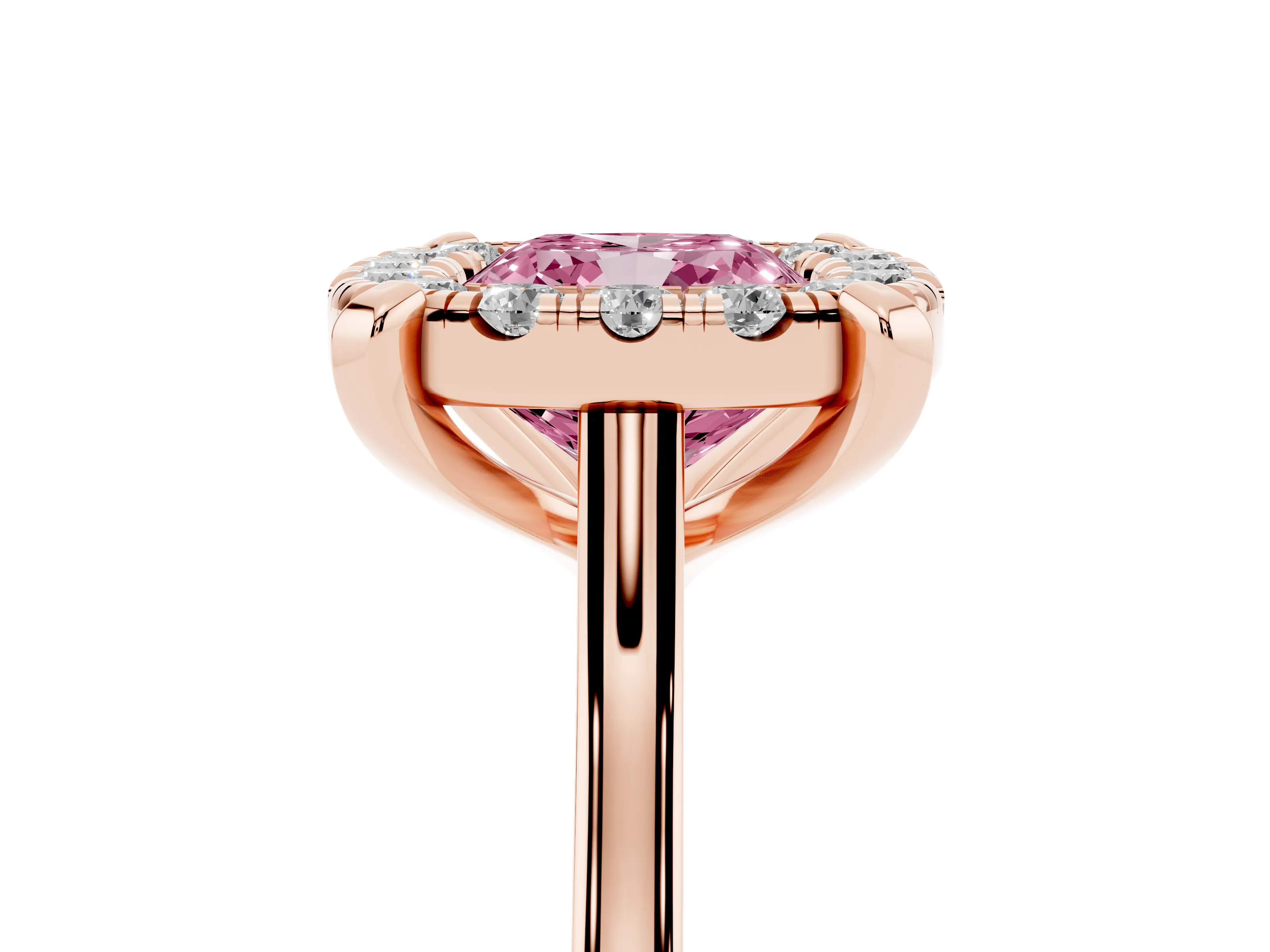 Fancy Pink Cushion Cut Diamond Cluster Halo Solitaire Ring Set in Rose gold with Prong Setting