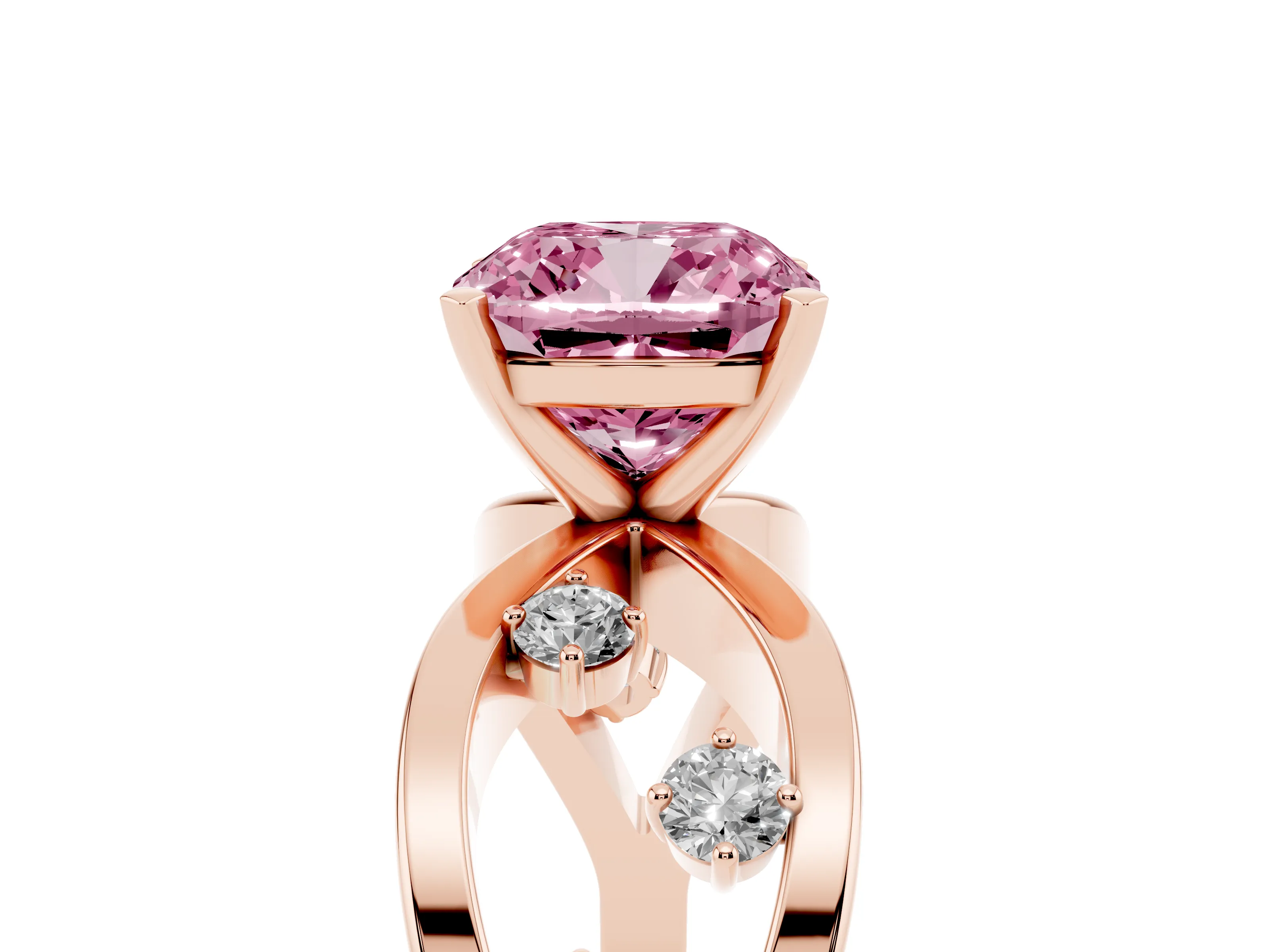 Fancy Pink Cushion Cut Diamond Solitaire Ring Set in Rose gold with Side Stones on Criss-Cross Band and Prong Setting