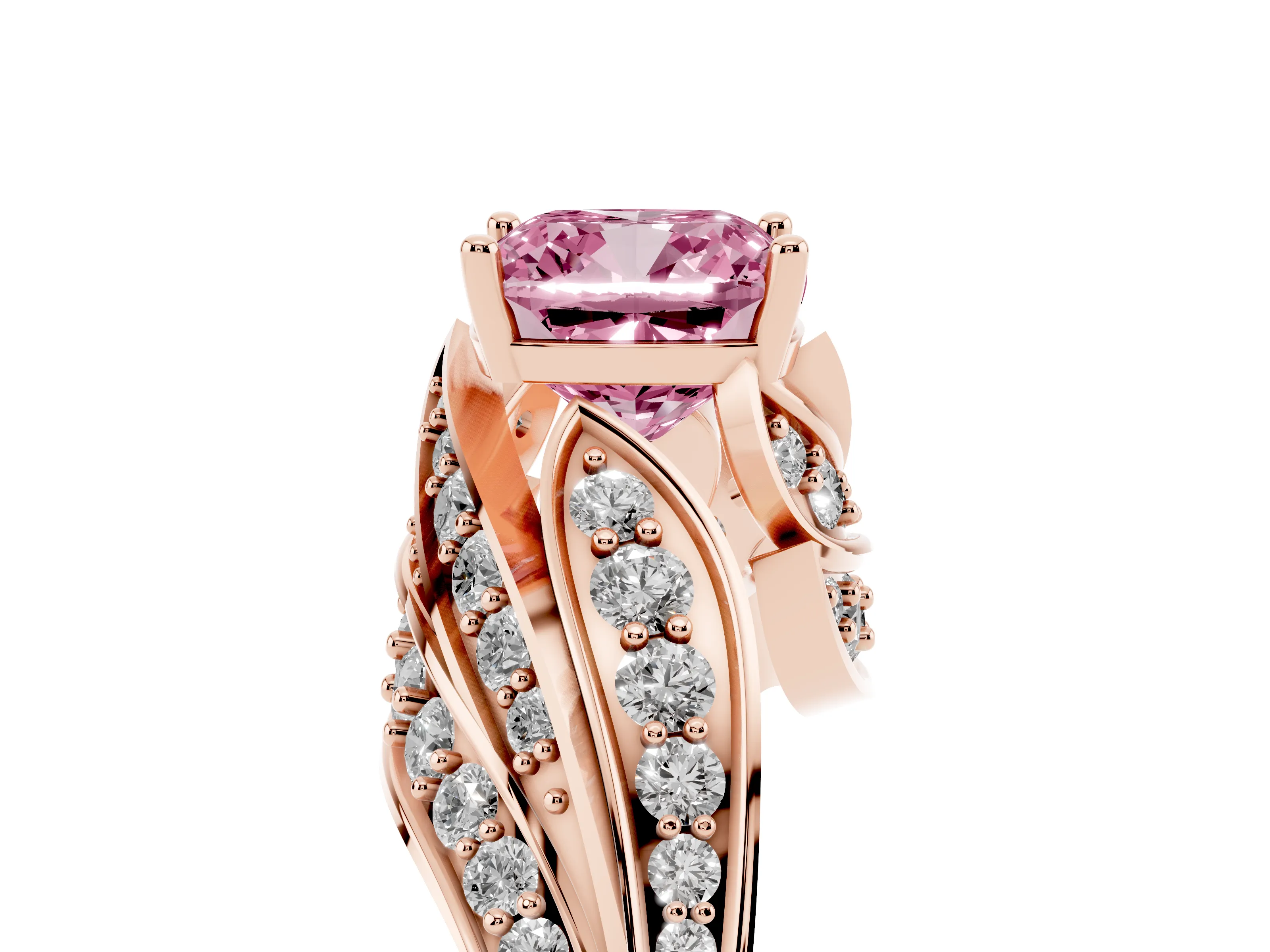 Fancy Pink Cushion Cut Diamond Solitaire Ring Set in Rose gold with Layered Twist Pavé Band