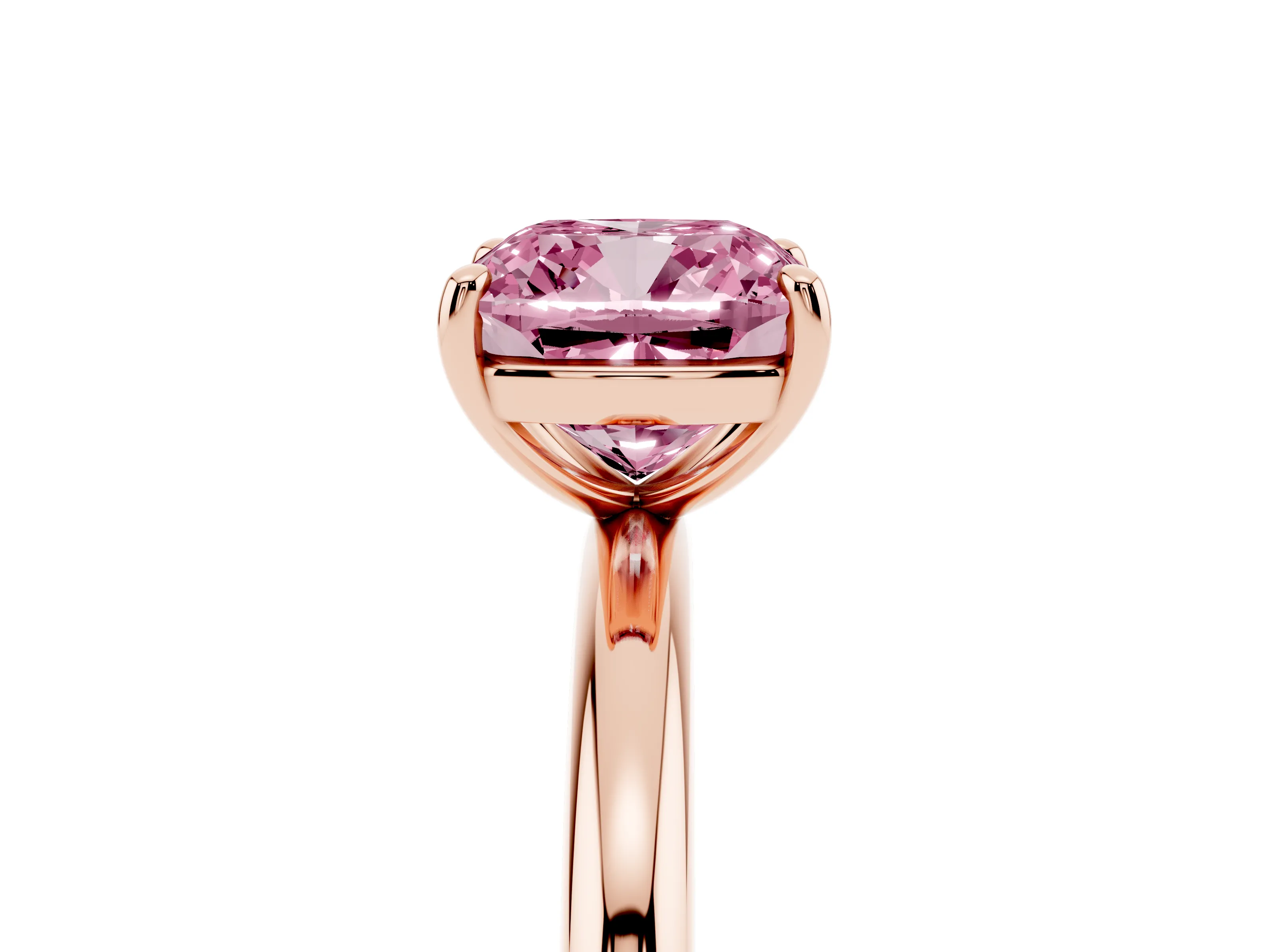 Fancy Pink Cushion Cut Diamond Solitaire Ring Set in Rose gold with Prong Setting on a Polished Plain Band