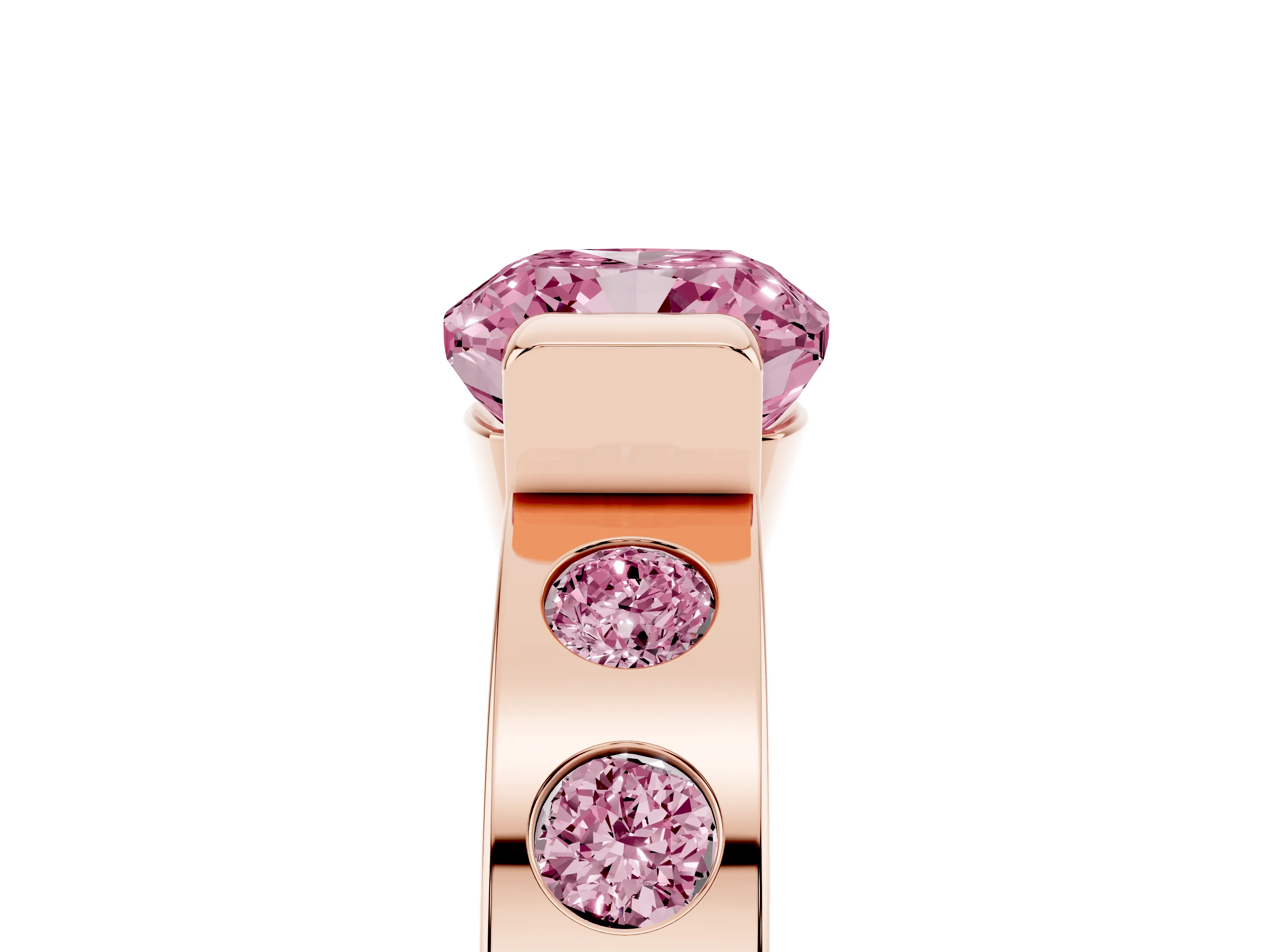 Fancy Pink Cushion Cut Diamond Channel-Set Band Ring Set in Rose gold with Bezel Prong Setting