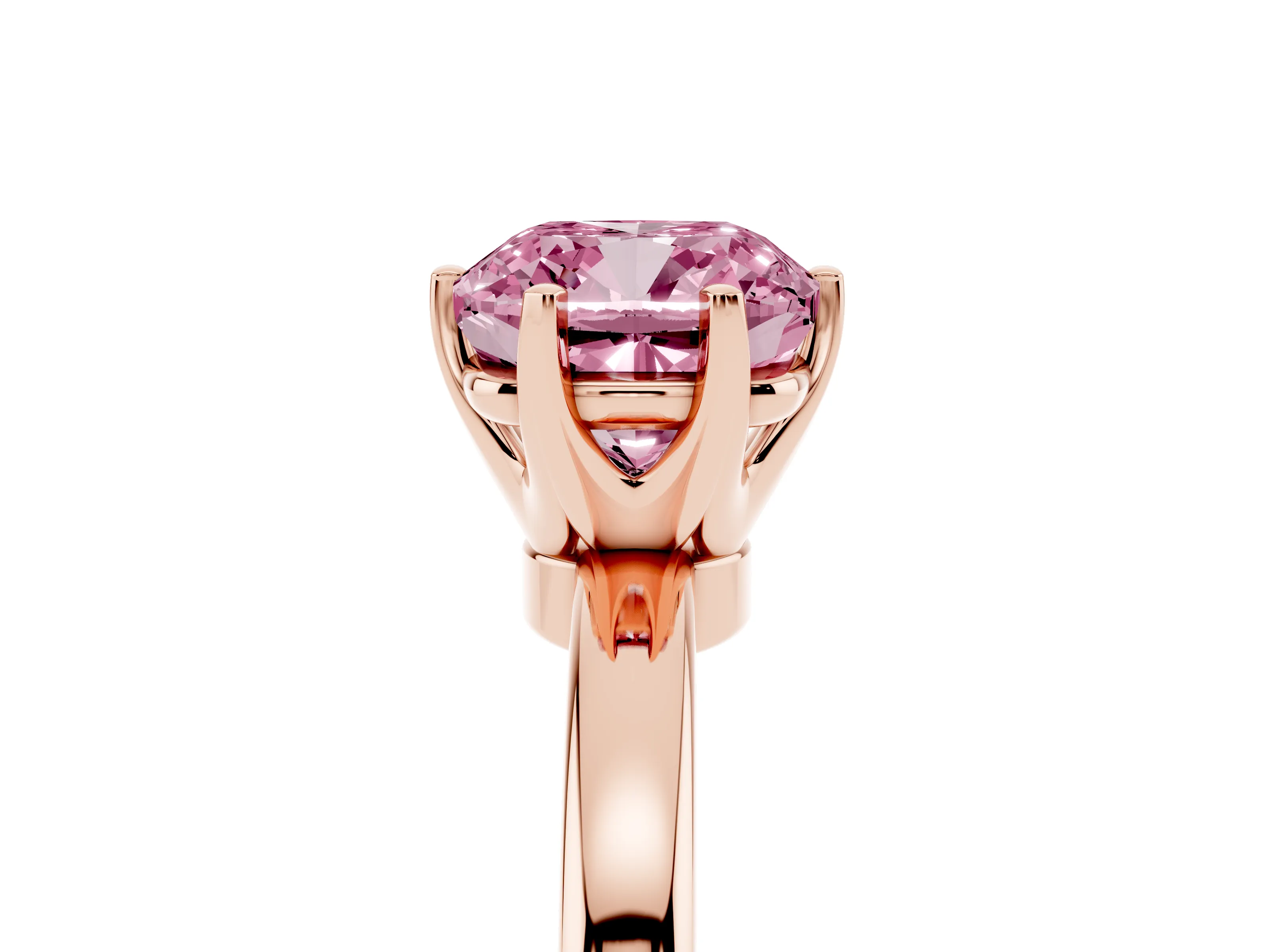 Fancy Pink Cushion Cut Diamond Solitaire Ring Set in Rose gold with Raised Prong Setting on a Classic Band