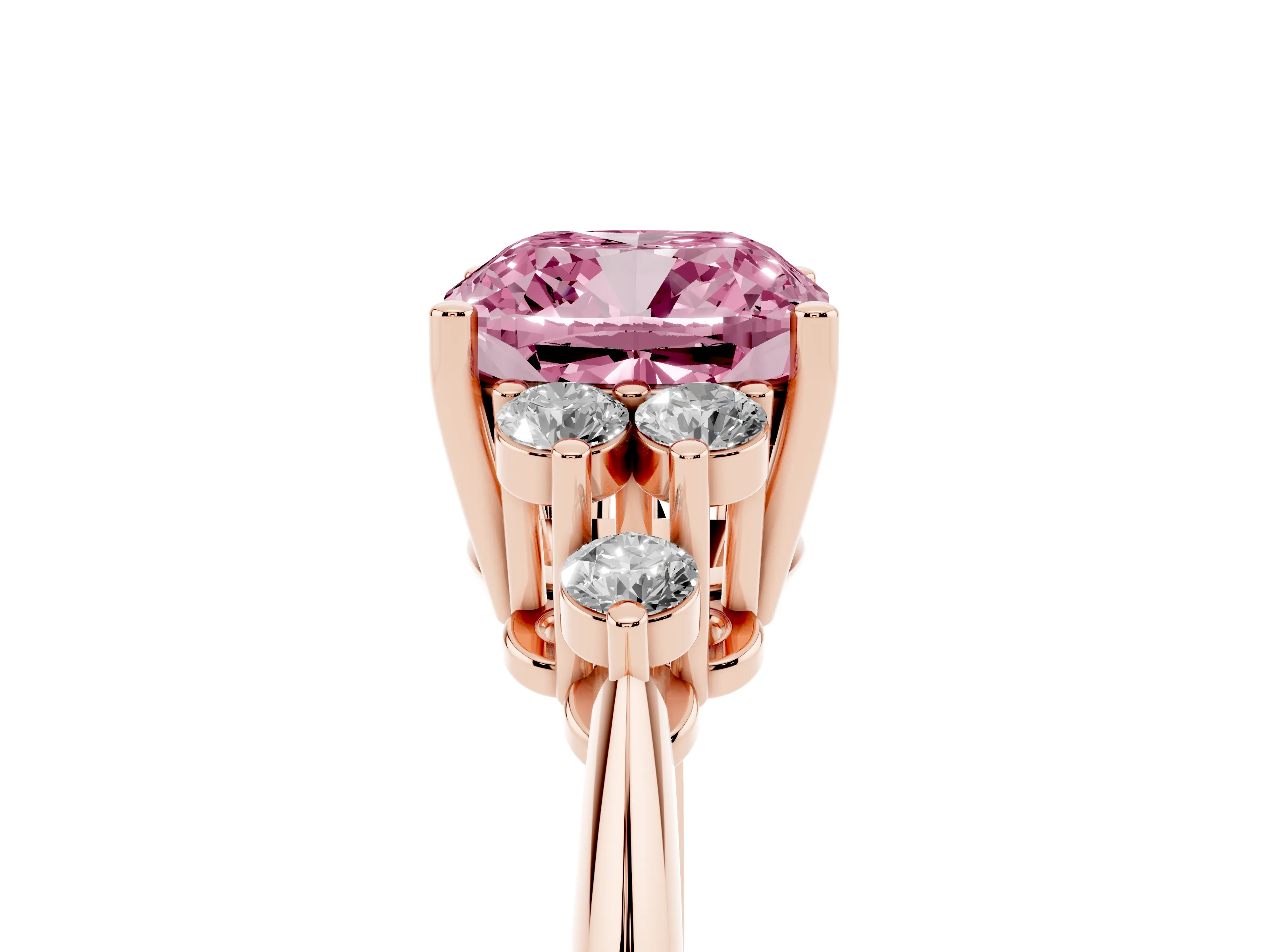 Fancy Pink Cushion Cut Diamond Cluster Ring Set in Rose gold with Plain Band and Prong Setting