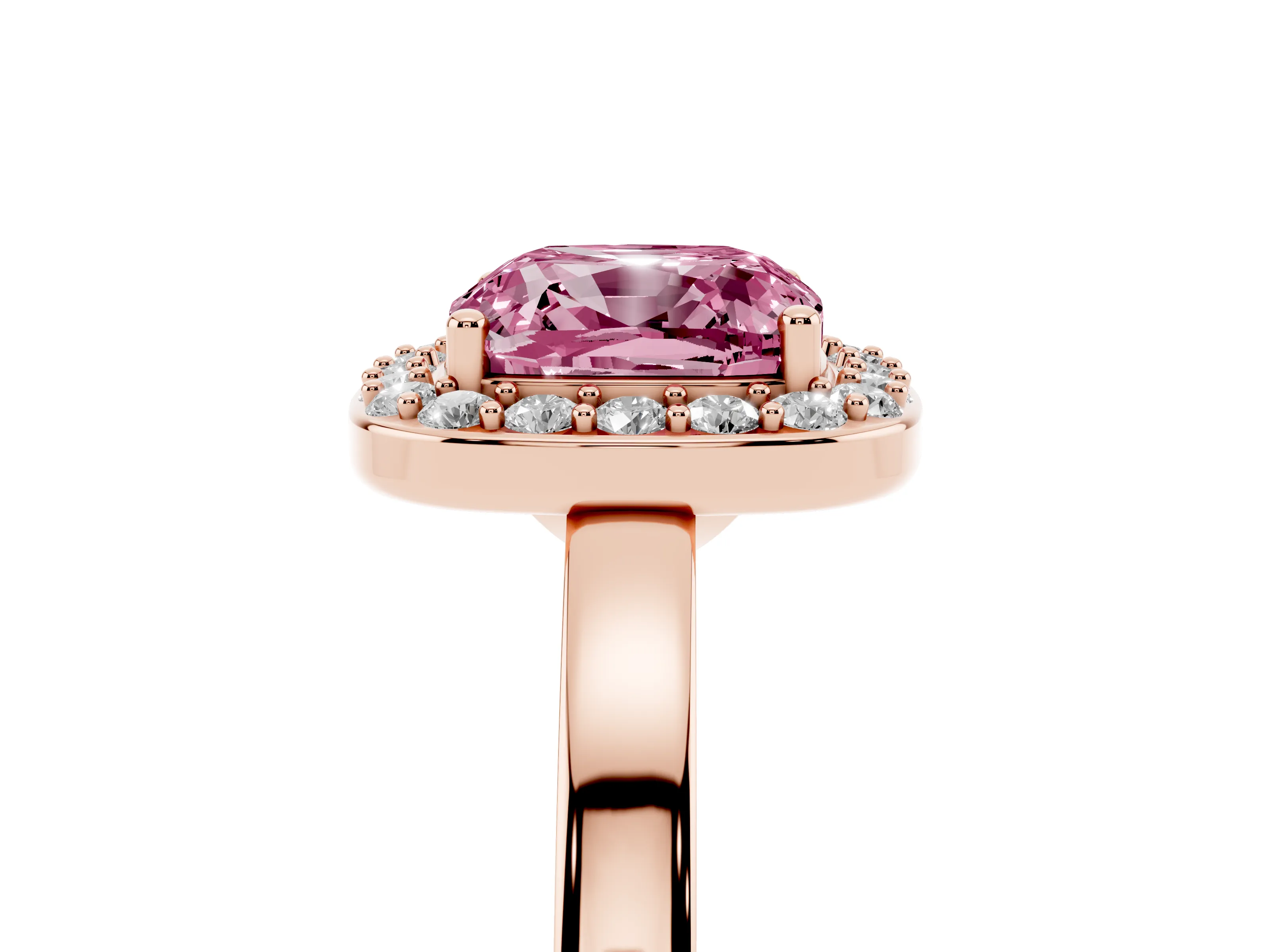 Fancy Pink Cushion Cut Diamond Halo Ring Set in Rose gold with Solitaire Band and Prong Setting