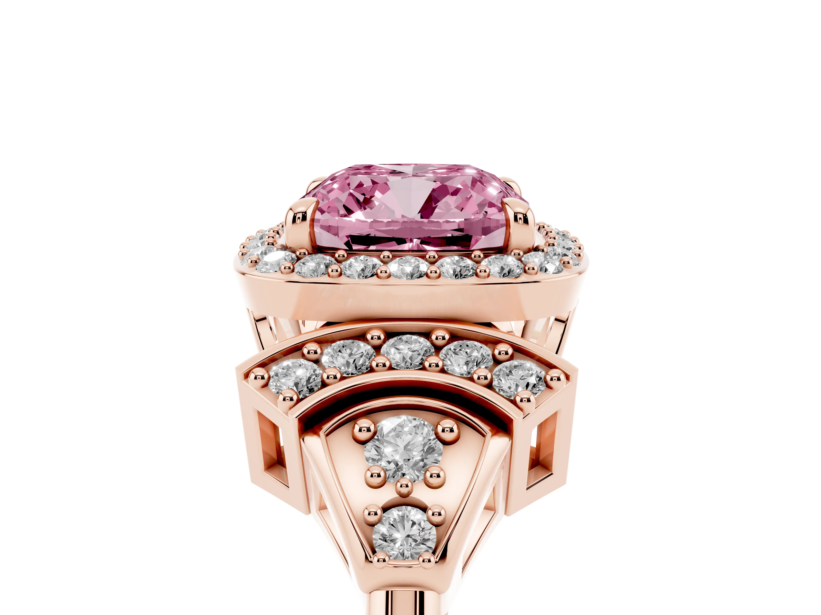 Fancy Pink Cushion Cut Diamond Halo Engagement Ring Set in Rose gold with Accent Stone Split Shank