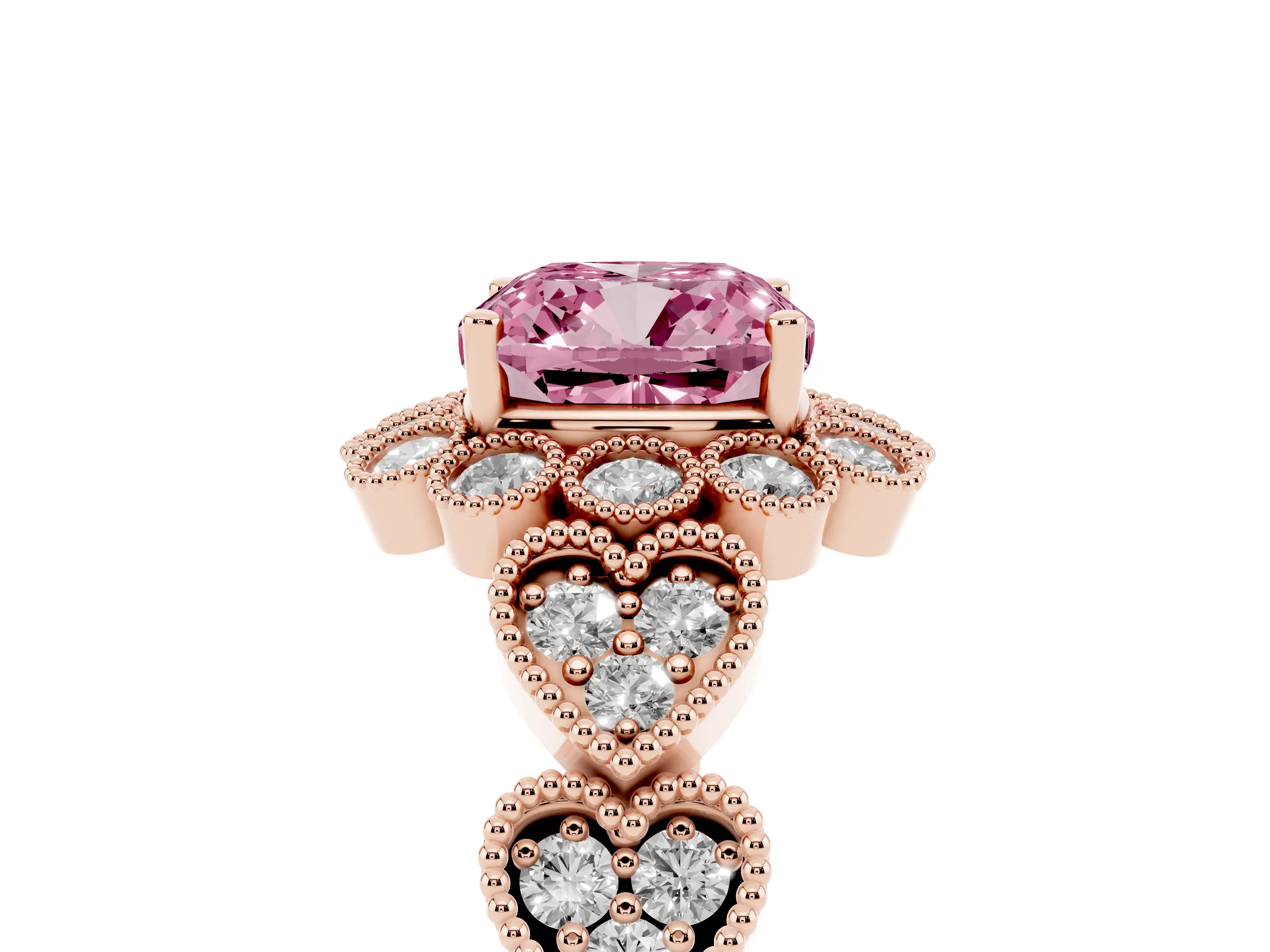 Fancy Pink Cushion Cut Diamond Solitaire Ring Set in Rose gold with Milgrain Pavé Heart Band
