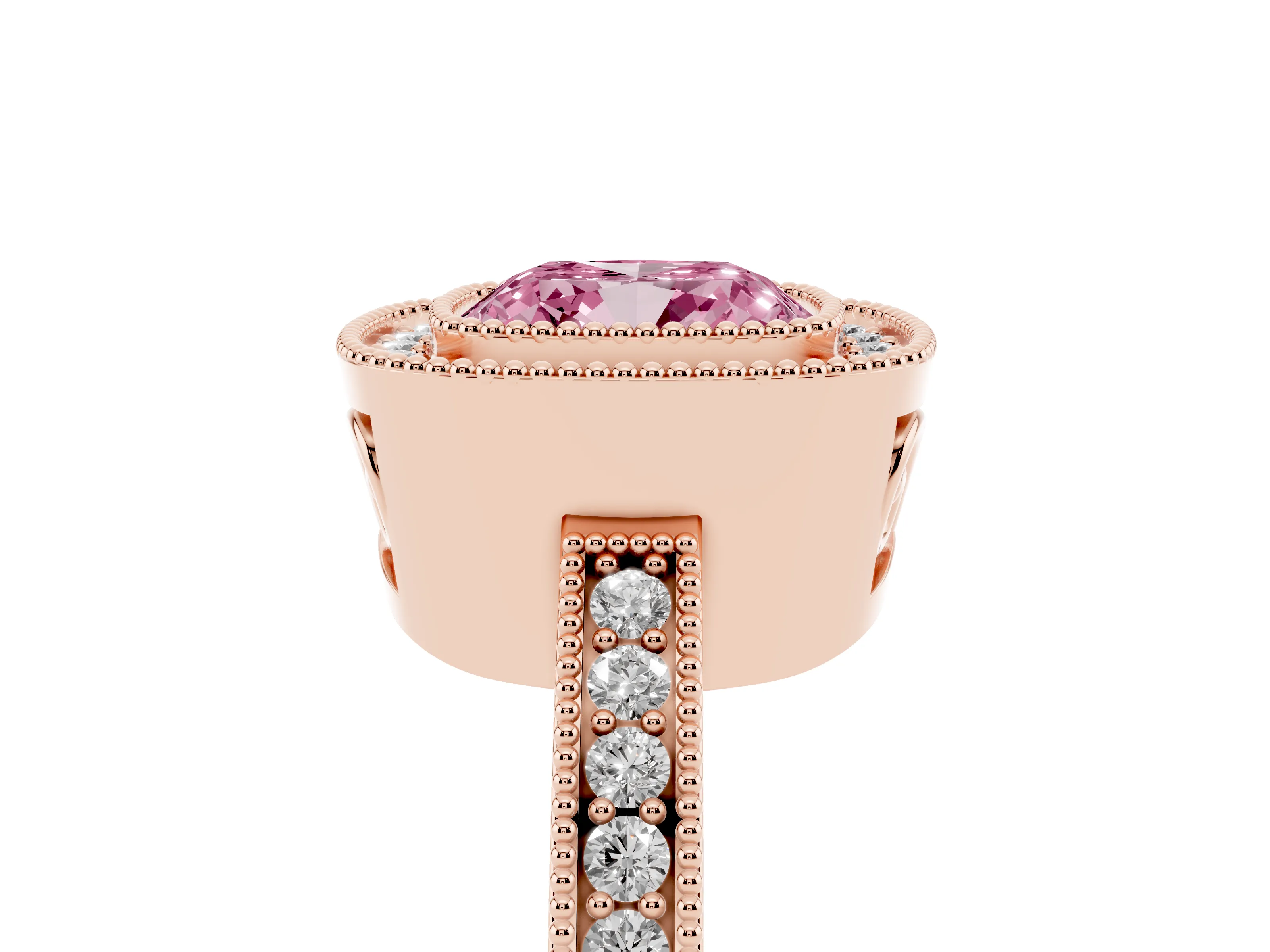 Fancy Pink Cushion Cut Diamond Round Halo Ring Set in Rose gold with Pavé Band