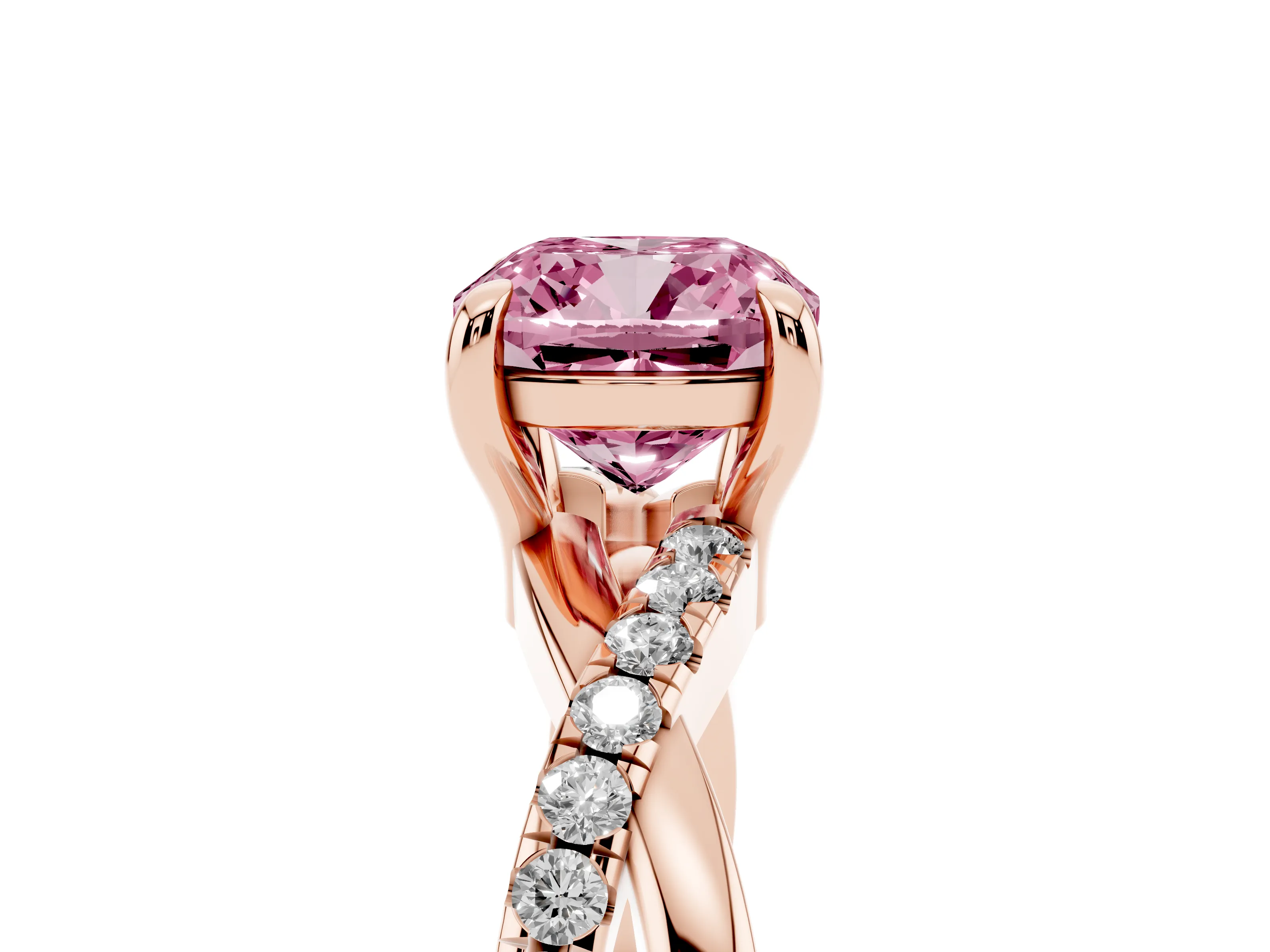 Fancy Pink Cushion Cut Diamond Twist Band Pavé Solitaire Ring Set in Rose gold with Prong Setting