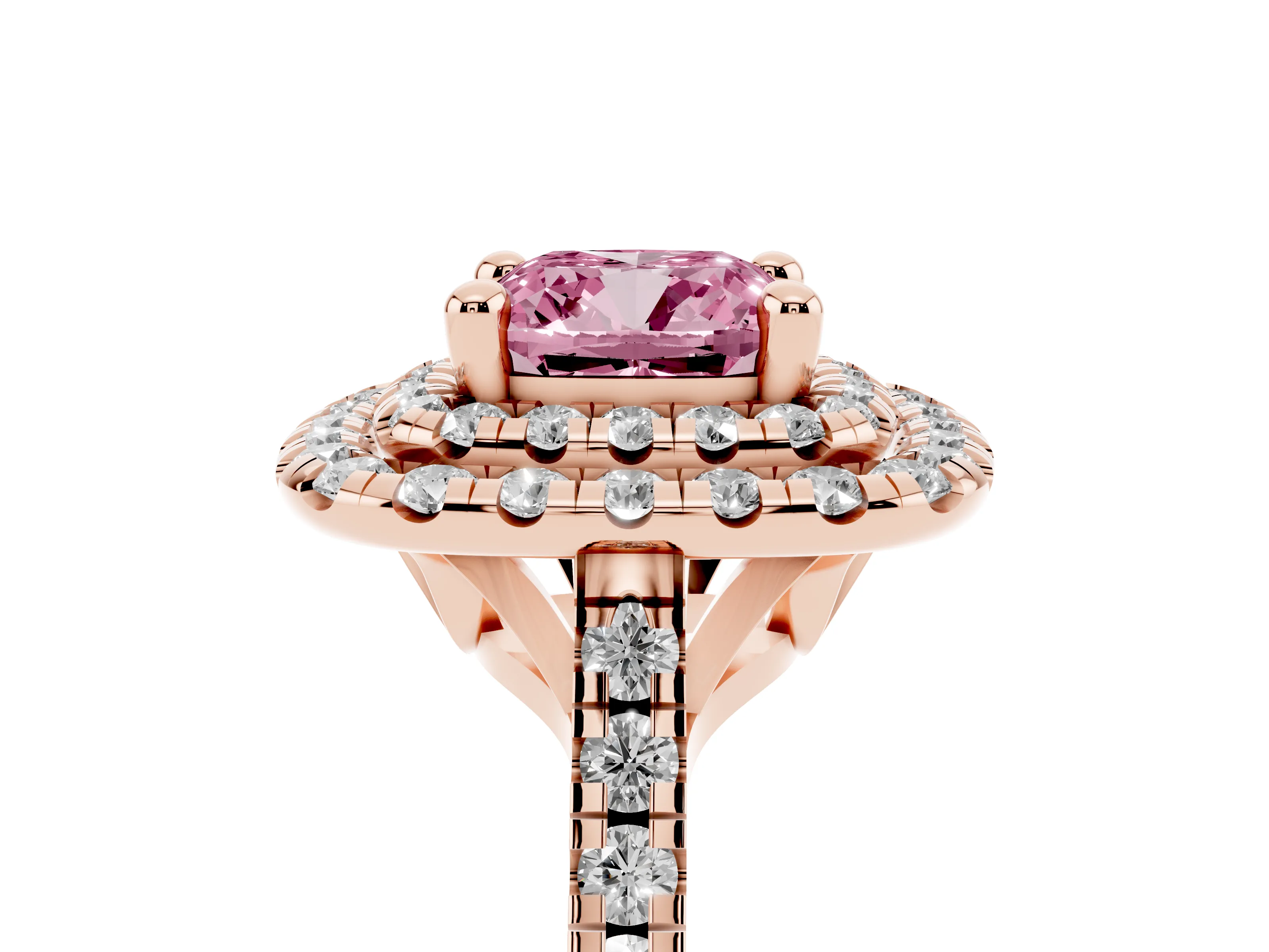 Fancy Pink Cushion Cut Diamond Double Halo Statement Ring Set in Rose gold with Pavé Band