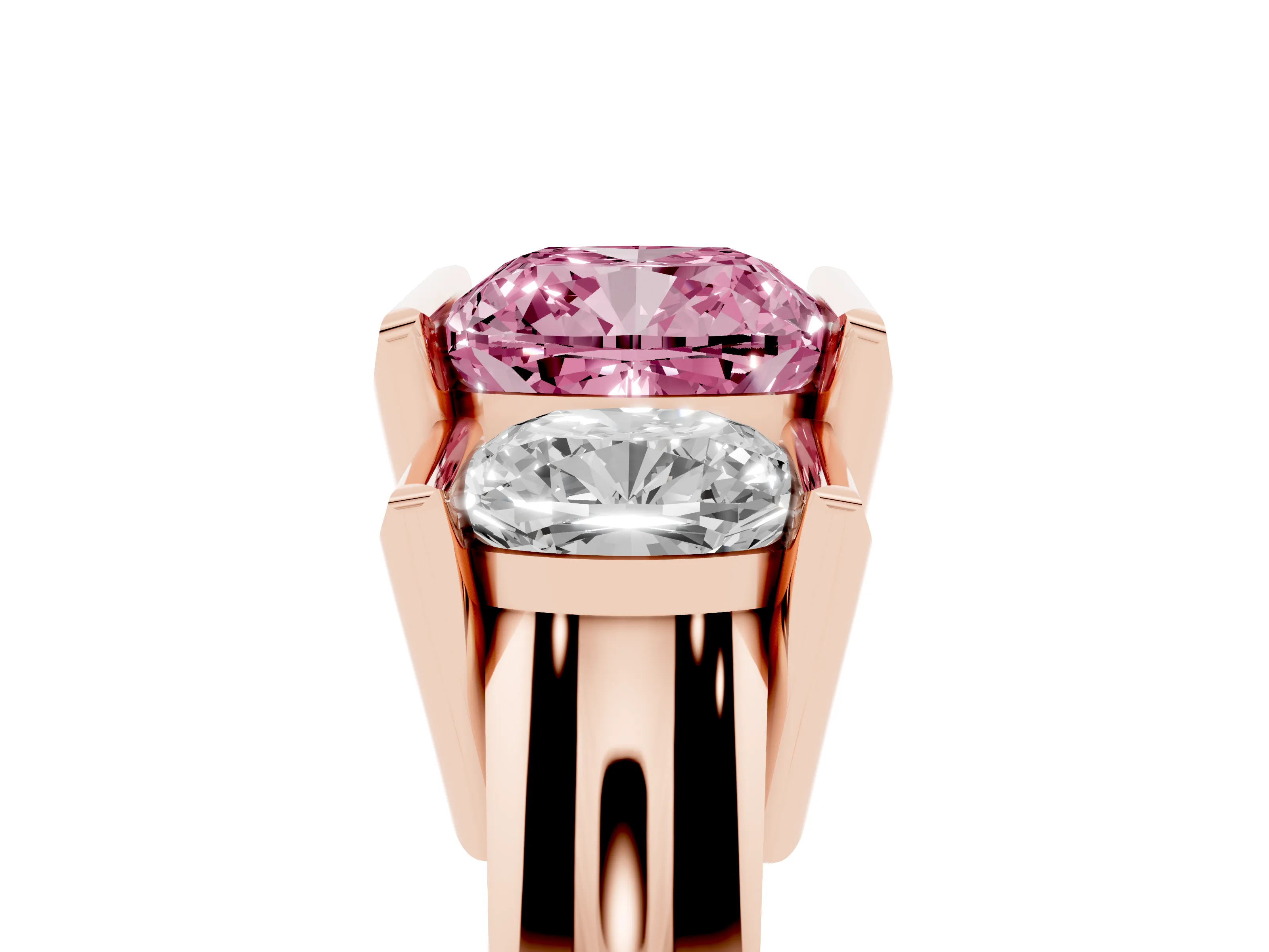 Fancy Pink Cushion Cut Diamond Three-Stone Channel Set Ring Set in Rose gold with Smooth Polished Band