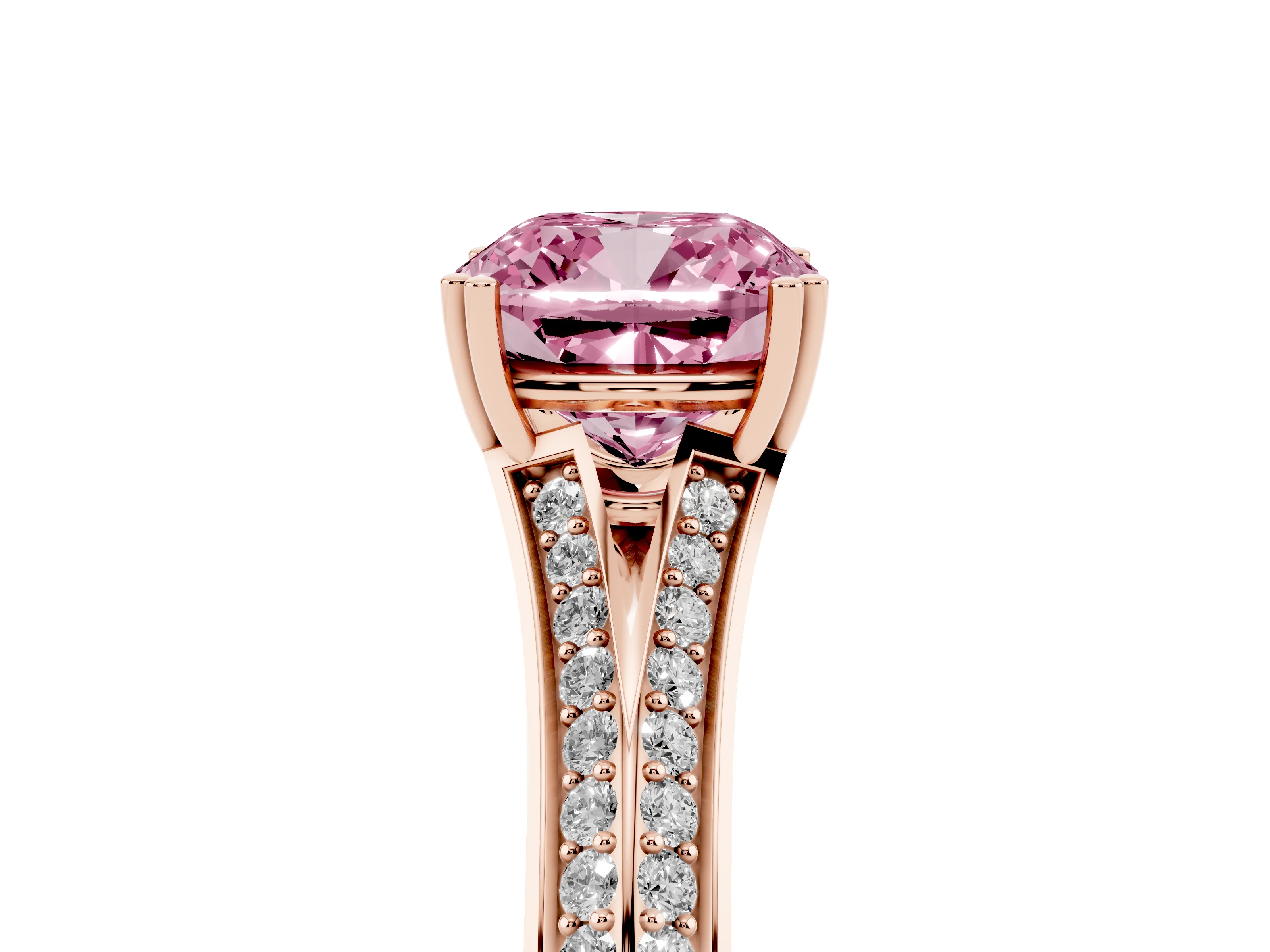 Fancy Pink Cushion Cut Diamond Split Shank Pavé Engagement Ring Set in Rose gold with Prong-Set Center Stone