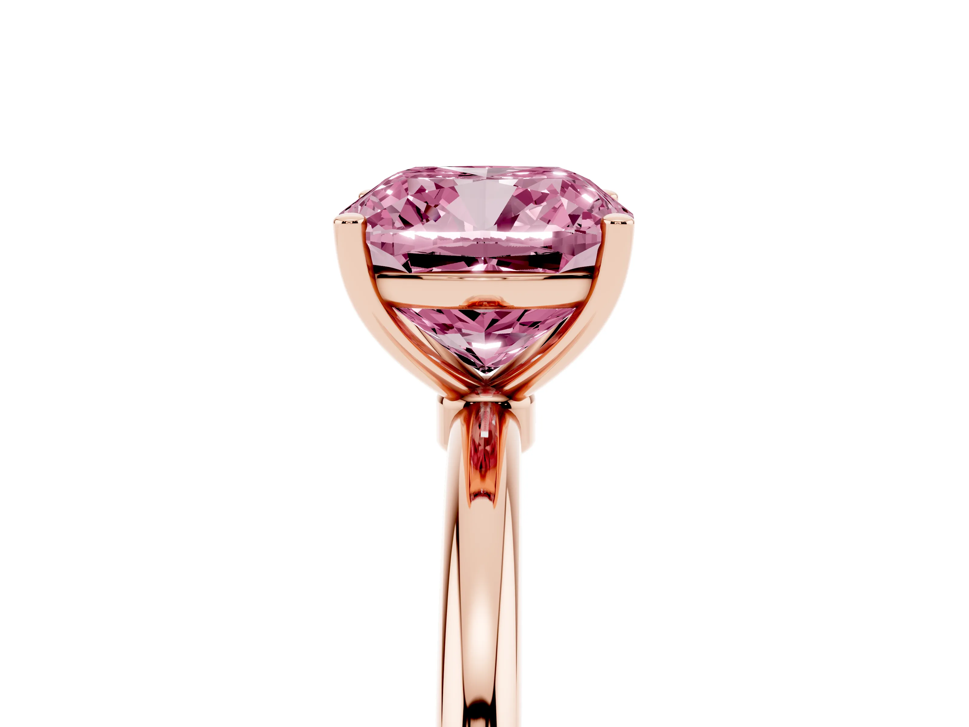 Fancy Pink Cushion Cut Diamond Solitaire Engagement Ring Set in Rose gold with Thin Band and Prong Setting