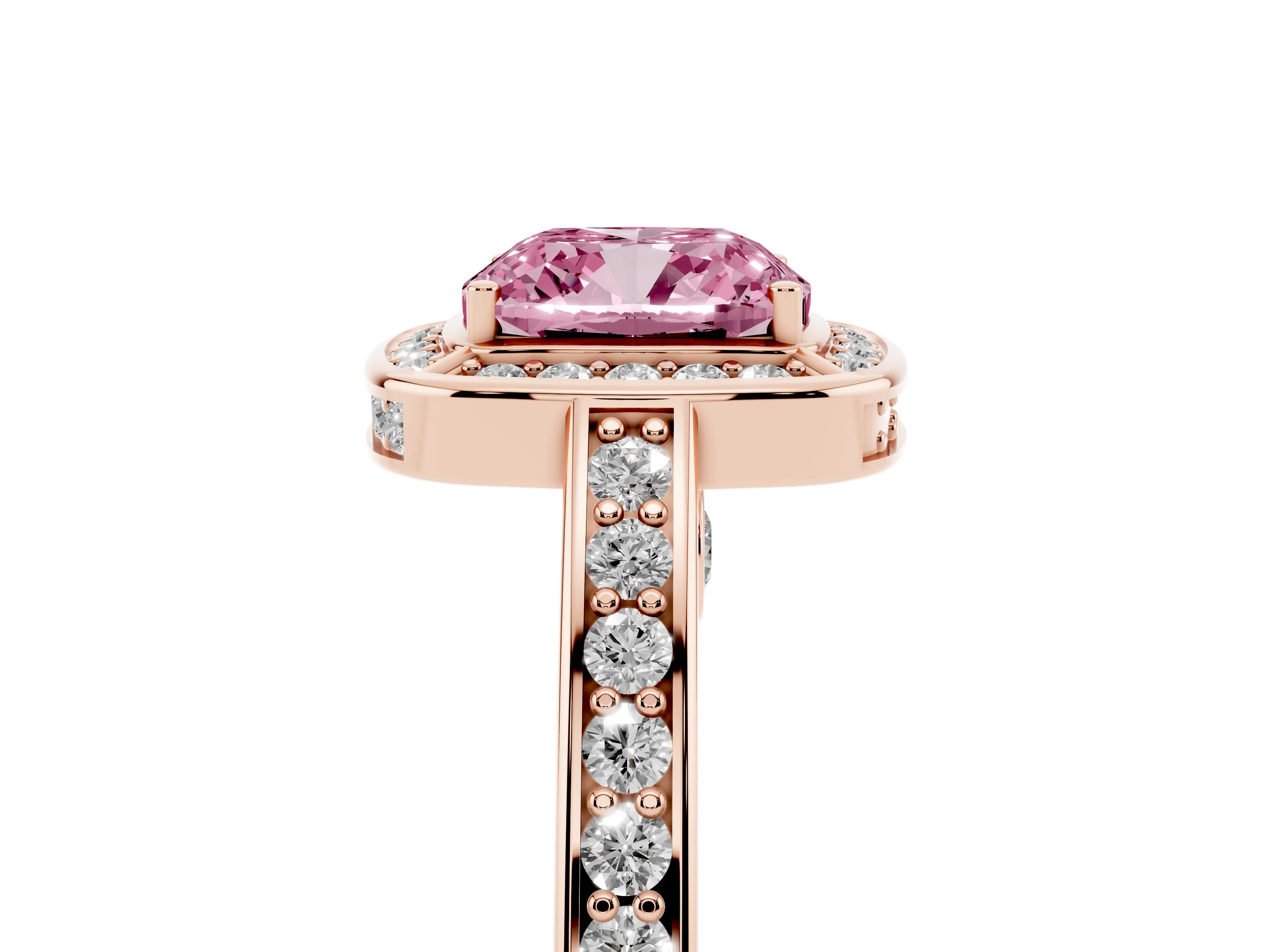 Fancy Pink Cushion Cut Diamond Halo Pavé Split Shank Ring Set in Rose gold with Prong Setting