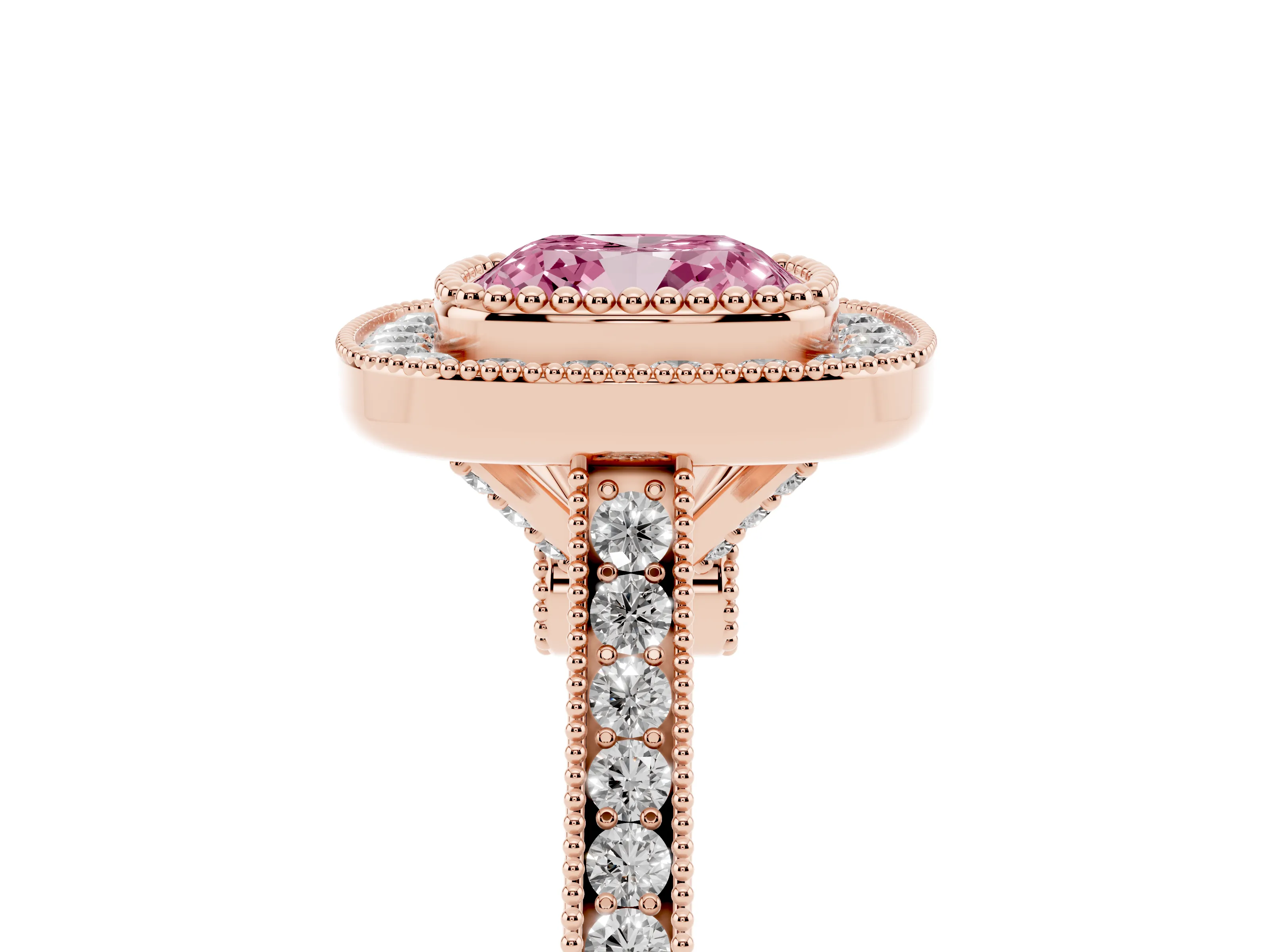 Fancy Pink Cushion Cut Diamond Halo Ring Set in Rose gold with Milgrain Frame and Pavé Band