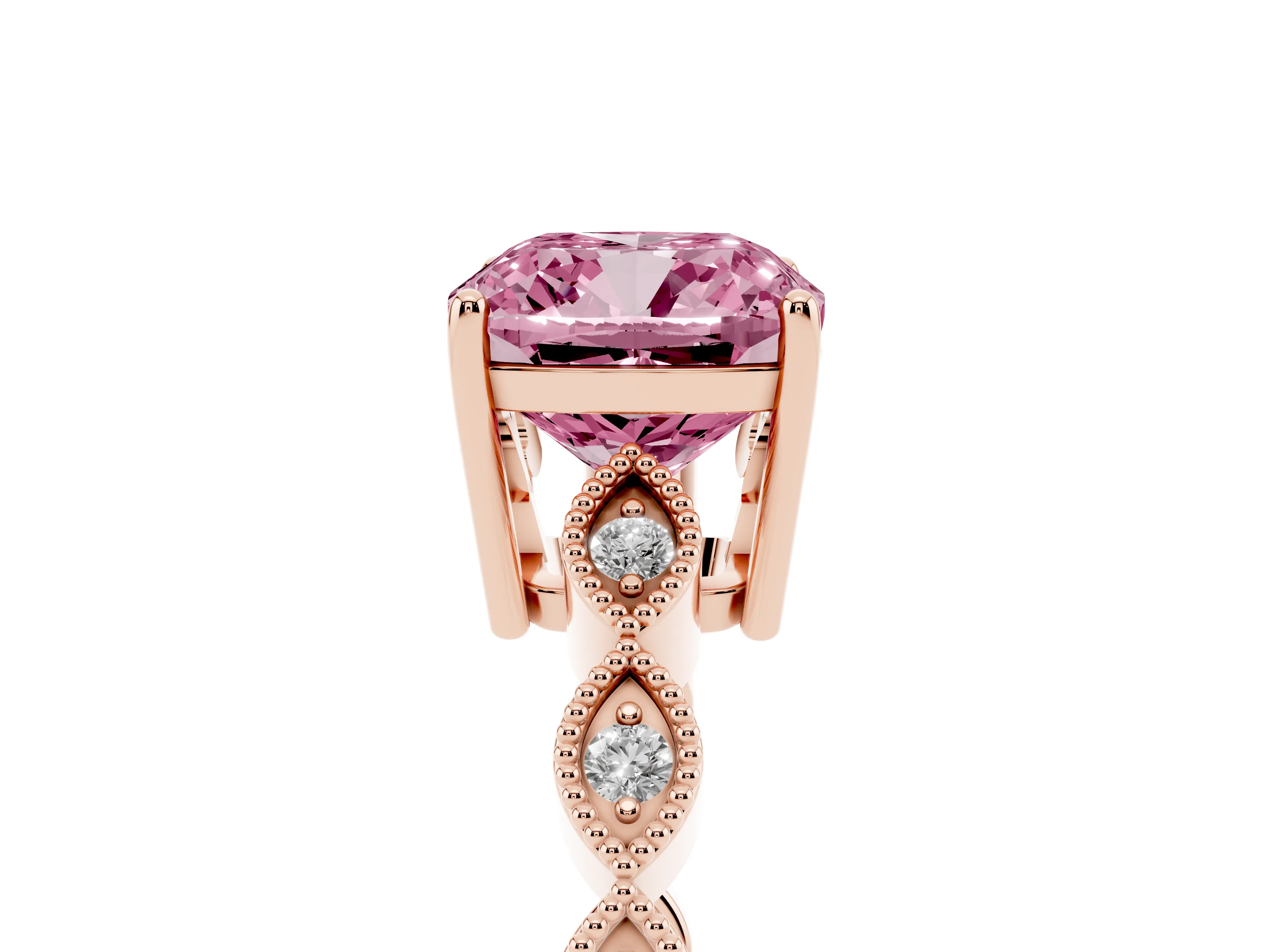 Fancy Pink Cushion Cut Diamond Solitaire Ring Set in Rose gold with Infinity Twist Pavé Band