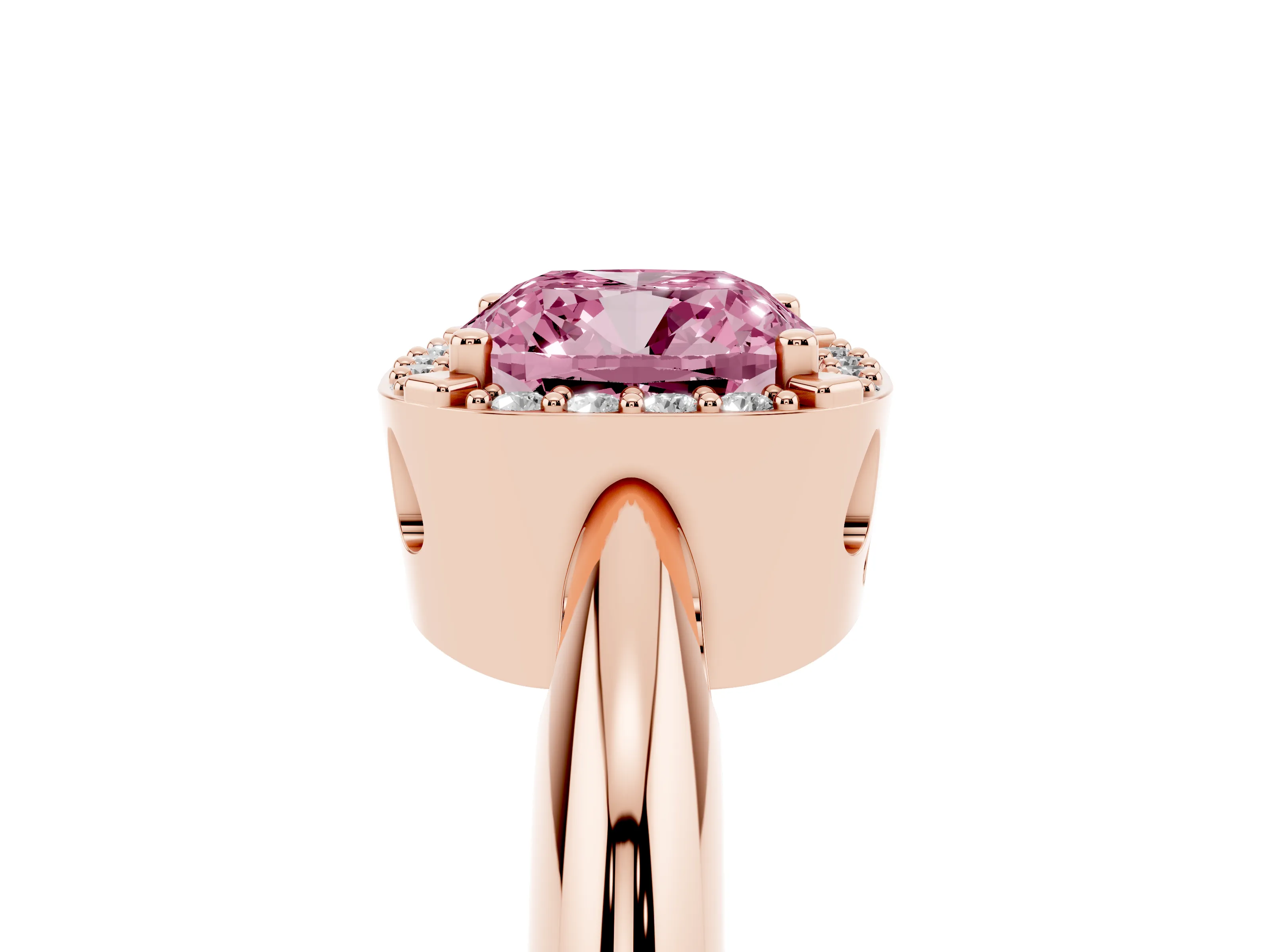 Fancy Pink Cushion Cut Diamond Halo Engagement Ring Set in Rose gold with Plain Split Shank and Prong Setting