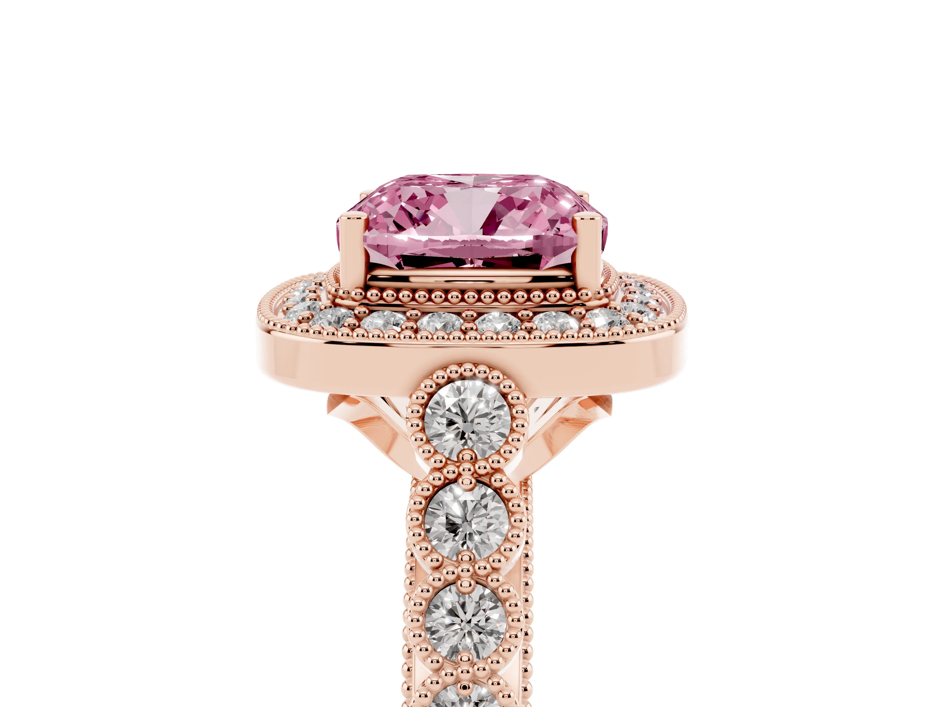 Fancy Pink Cushion Cut Diamond Milgrain Halo Solitaire Ring Set in Rose gold with Bezel Set Side Stones and Pavé Band