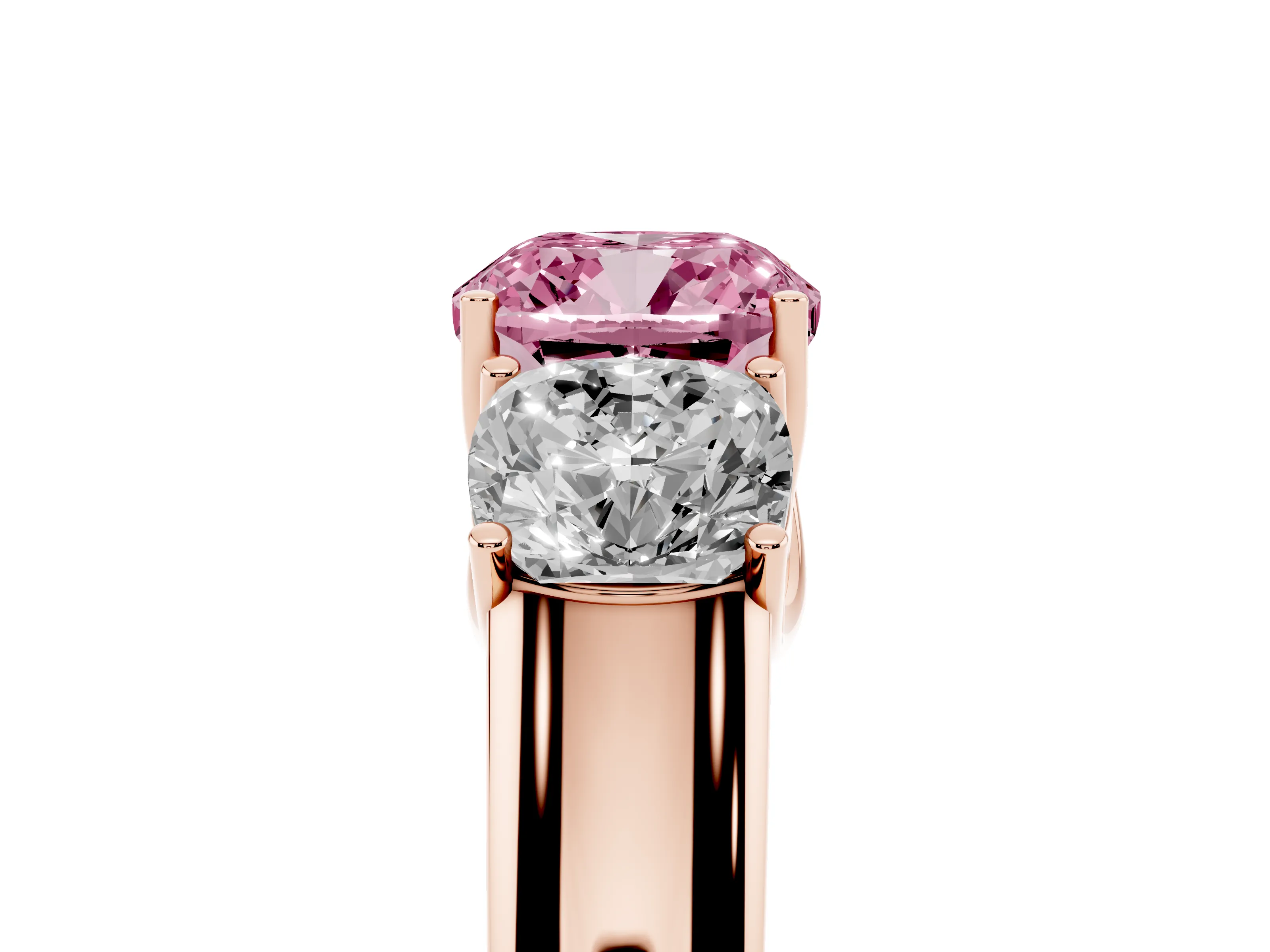 Fancy Pink Three-Stone Cushion Cut Diamond Ring Set in Rose gold with Matching Prong Settings and Plain Band