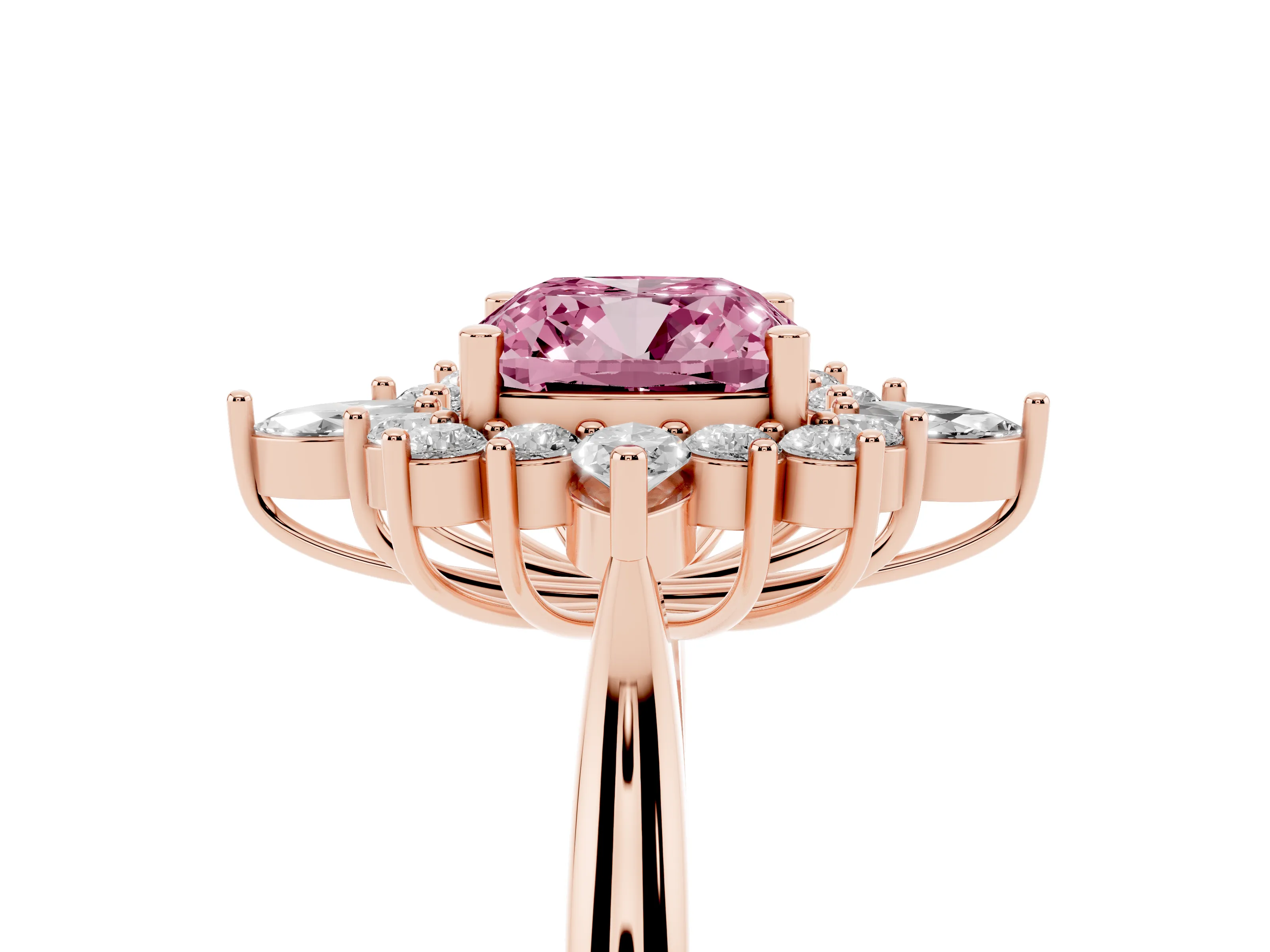 Fancy Pink Cushion Cut Diamond Cluster Halo Ring Set in Rose gold with Marquise and Round Accents