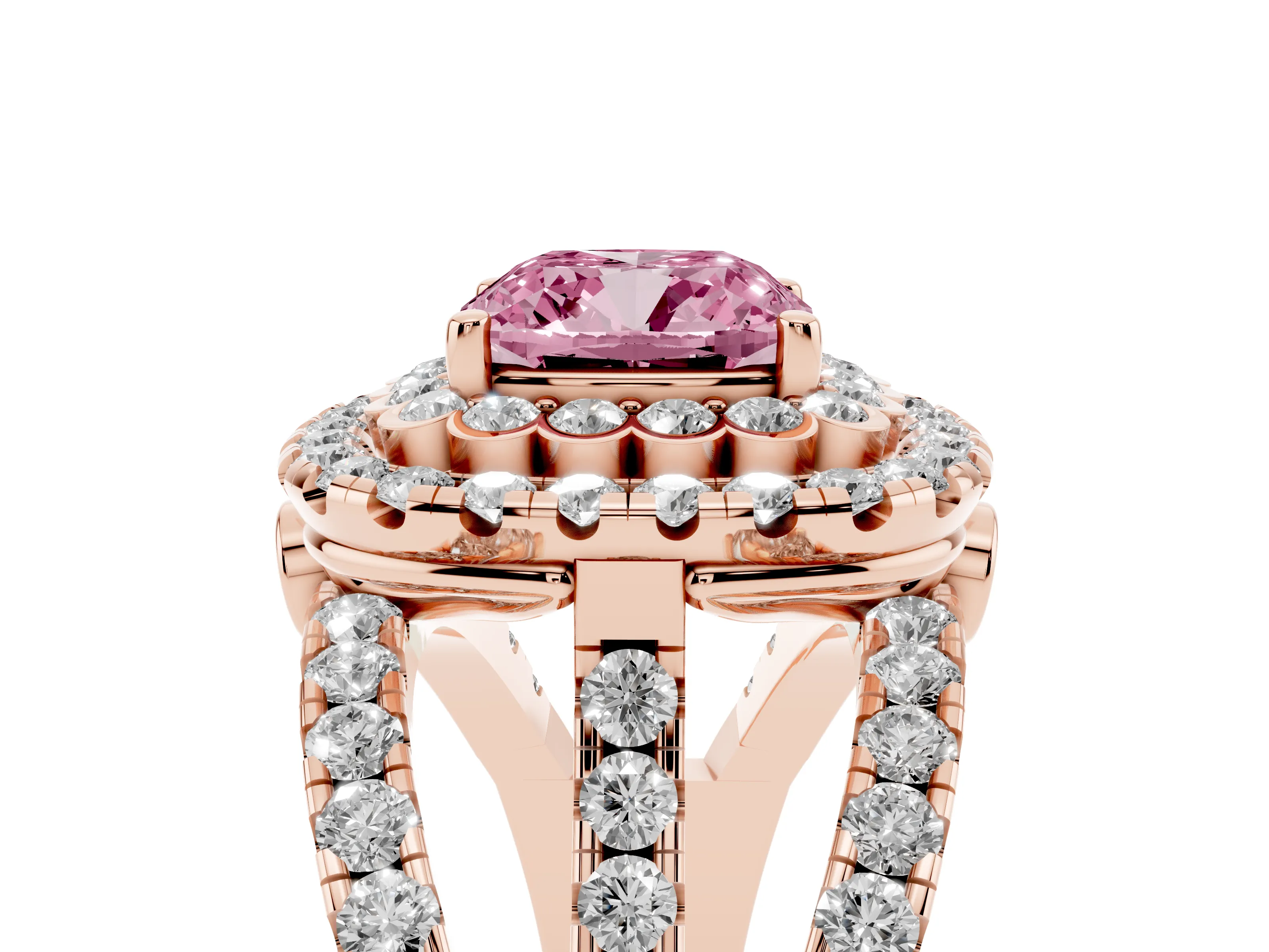 Fancy Pink Cushion Cut Diamond Double Halo Ring Set in Rose gold with Round Pavé Split Shank