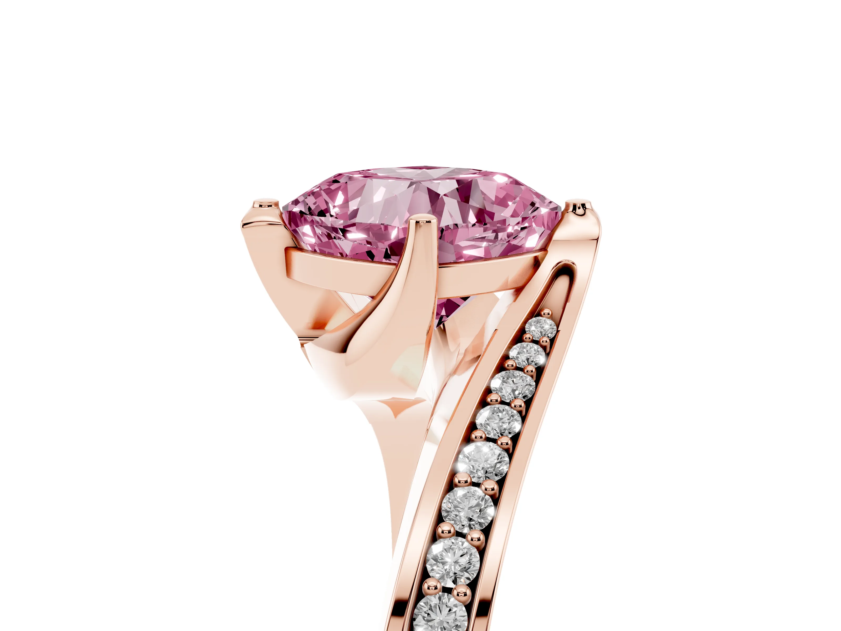 Fancy Pink Cushion Cut Diamond Solitaire Ring Set in Rose gold with Intertwined Pavé Twist Band