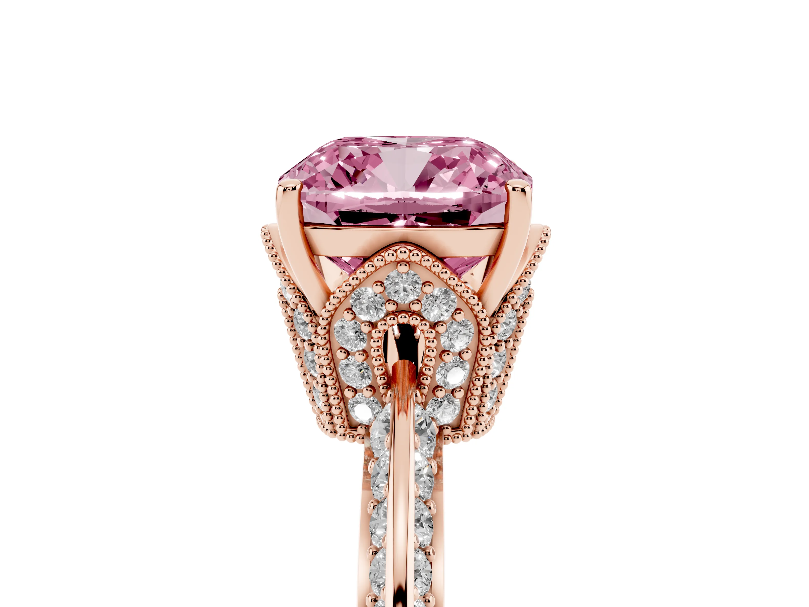 Fancy Pink Cushion Cut Diamond Solitaire Engagement Ring Set in Rose gold with Pavé Split Shank and Prong Setting