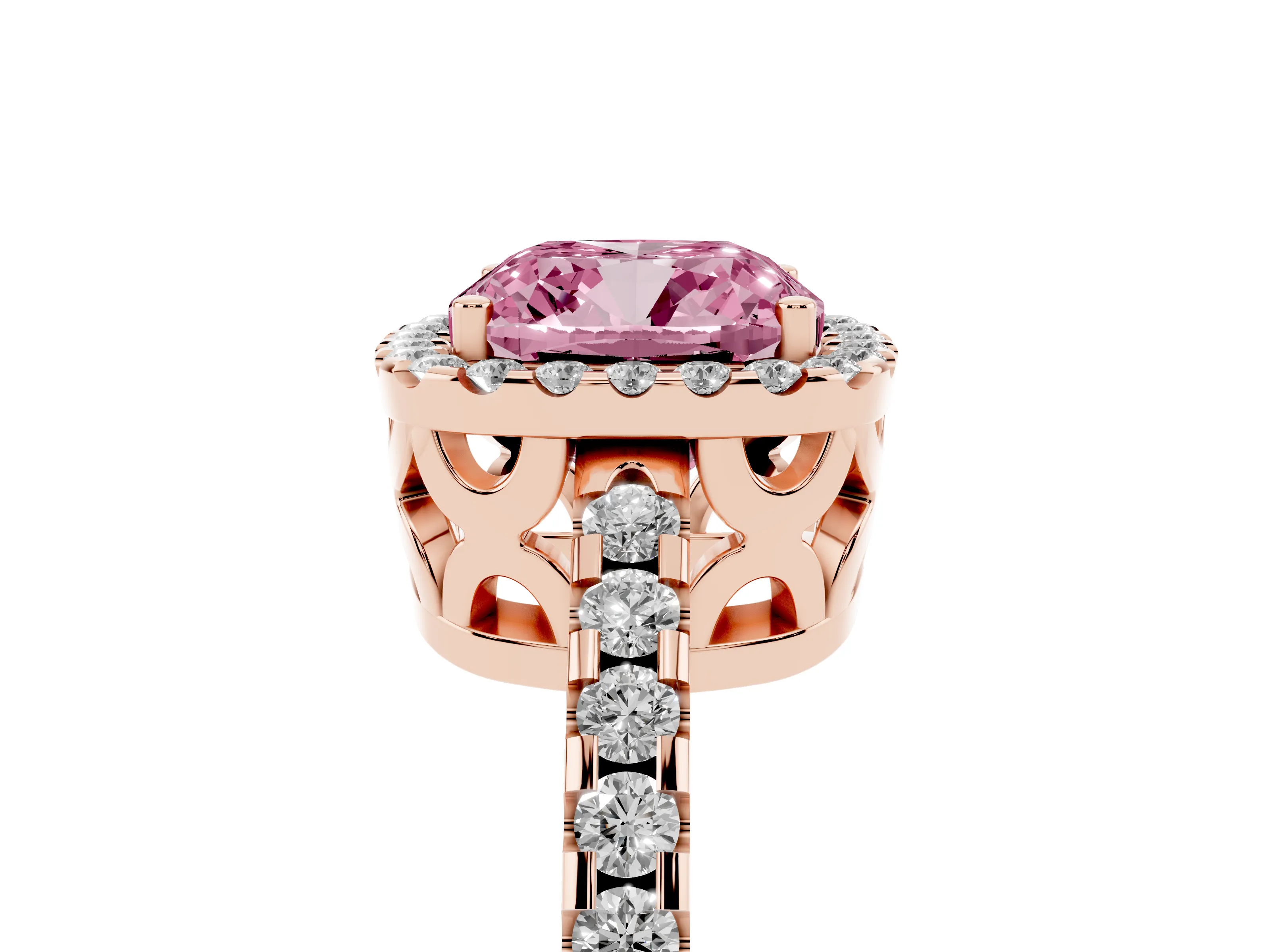 Fancy Pink Cushion Cut Diamond Halo Ring Set in Rose gold with Pavé Shoulders and Halo-Framed Center