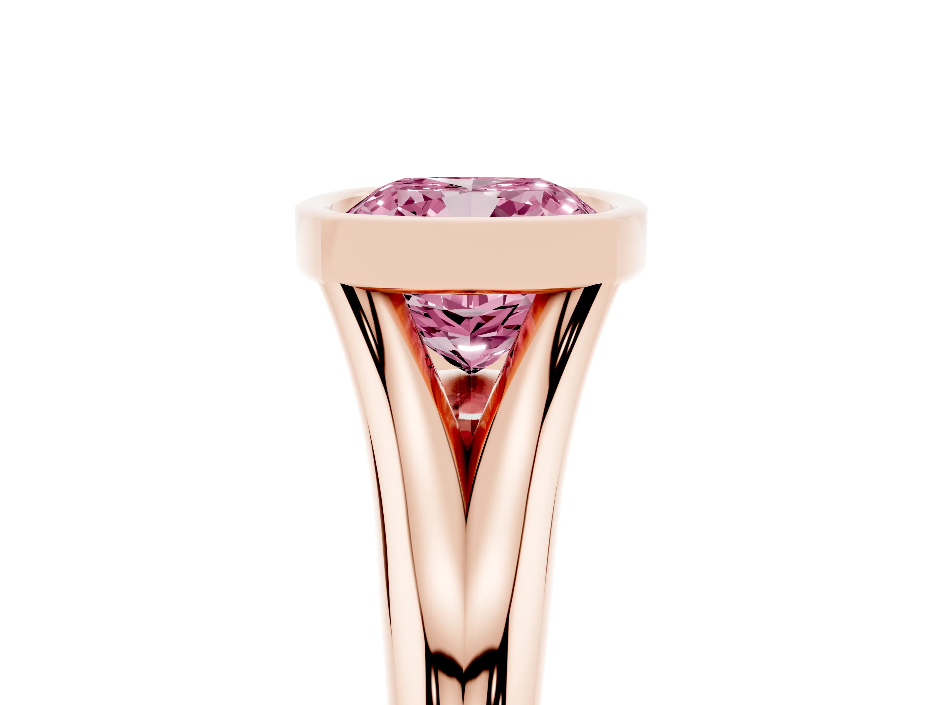 Fancy Pink Bezel Set Cushion Cut Diamond Solitaire Ring Set in Rose gold with Smooth Band