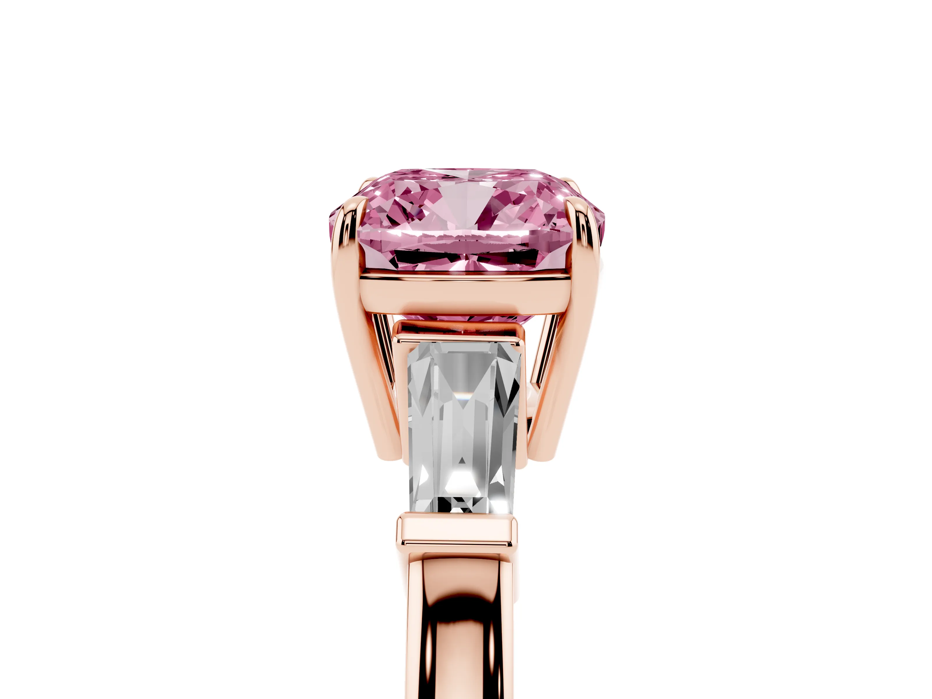 Fancy Pink Cushion Cut Diamond Three-Stone Ring Set in Rose gold with Tapered Baguette Side Stones and Prong Setting