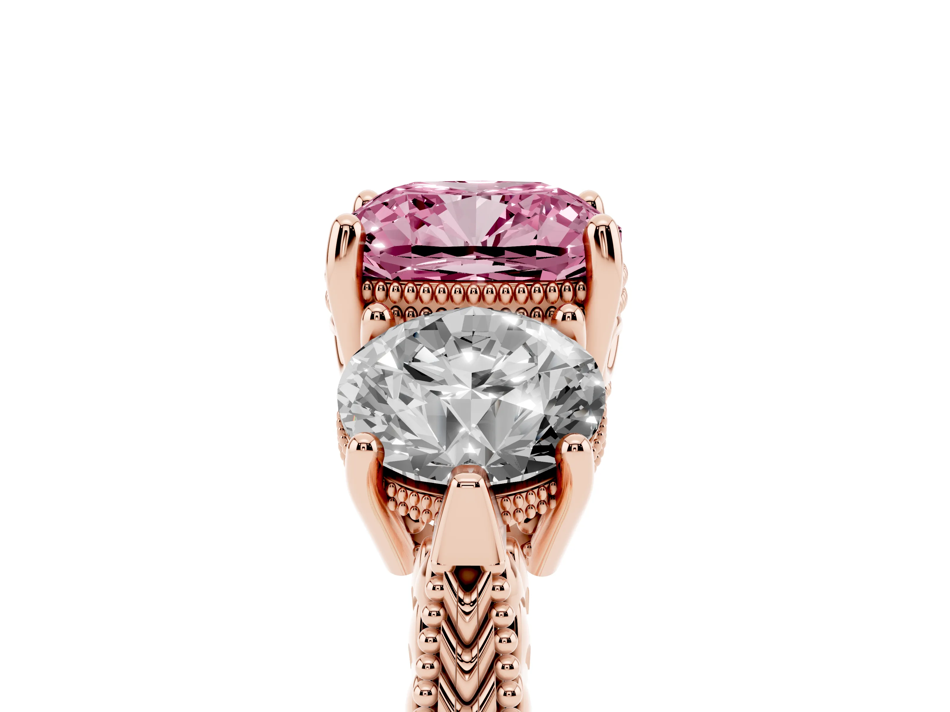 Fancy Pink Cushion Cut Diamond Three-Stone Ring Set in Rose gold with Milgrain Band