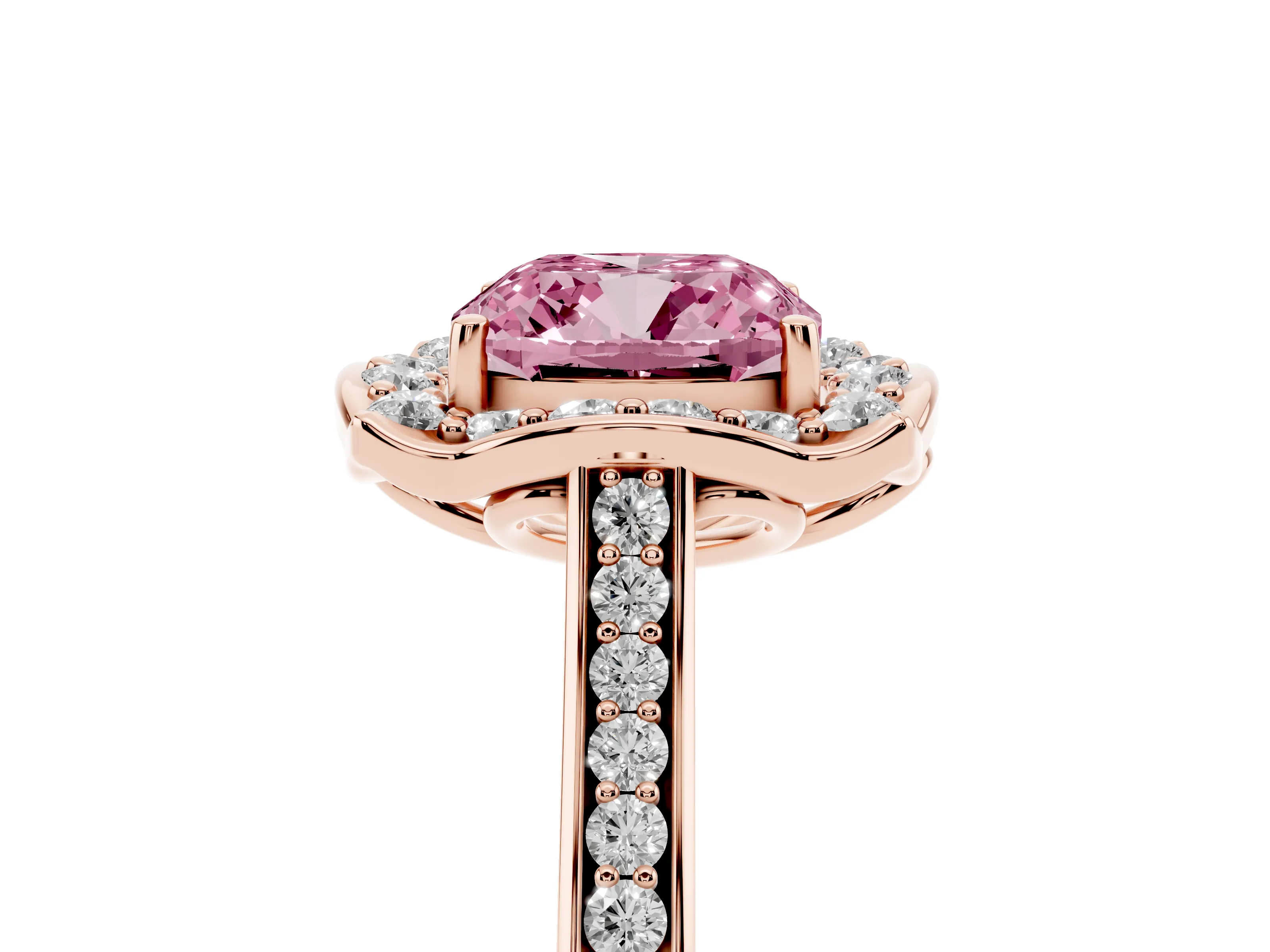 Fancy Pink Cushion Cut Diamond Halo Ring Set in Rose gold with Pavé-Lined Shoulders and Prong Setting
