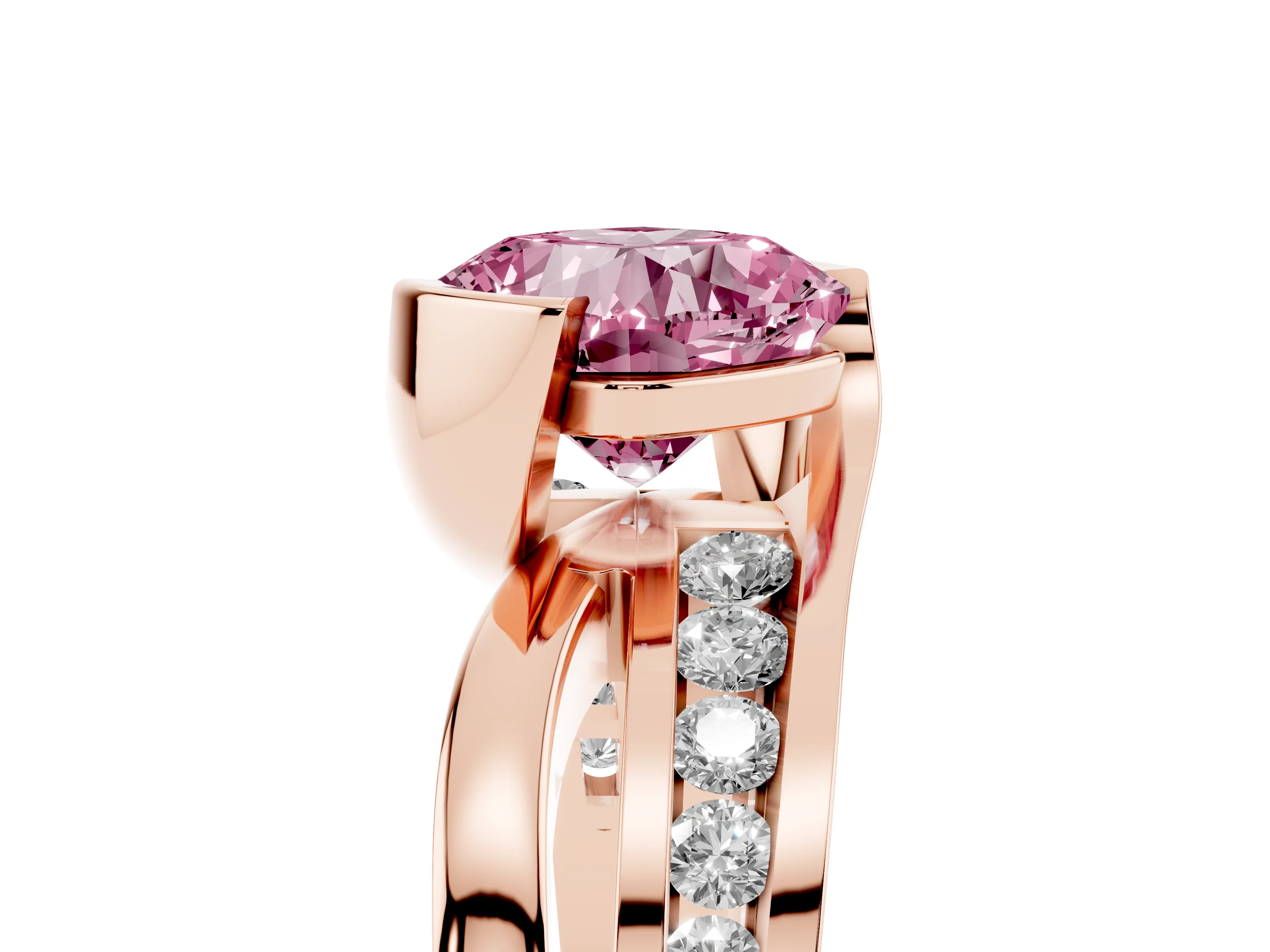 Fancy Pink Cushion Cut Diamond Solitaire Ring Set in Rose gold with Channel Set Split Shank and Tension Prongs
