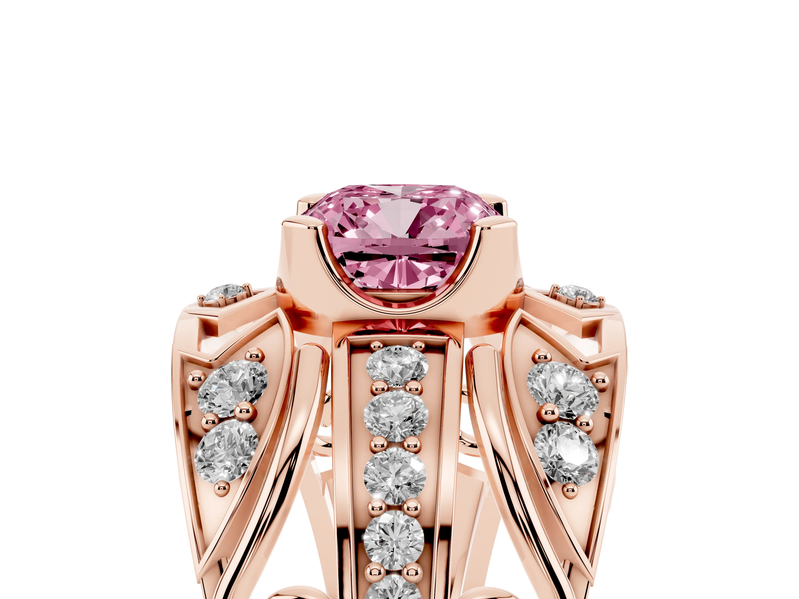 Fancy Pink Cushion Cut Diamond Art Deco Ring Set in Rose gold with Pavé Split Shank