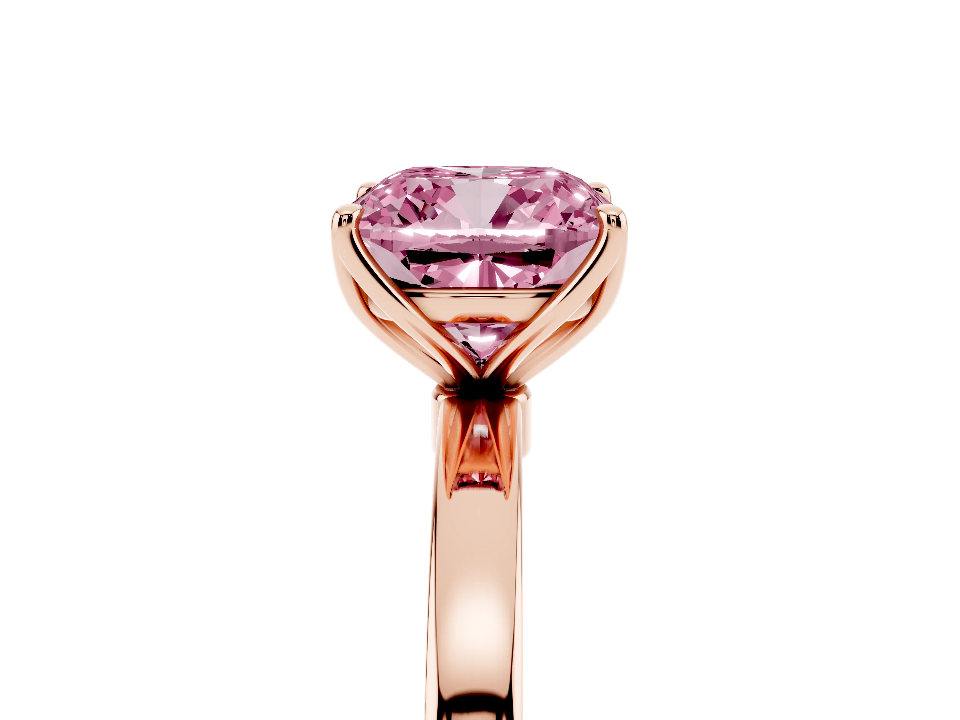 Fancy Pink Cushion Cut Diamond Solitaire Ring Set in Rose gold with Prong Setting and Thin Polished Band
