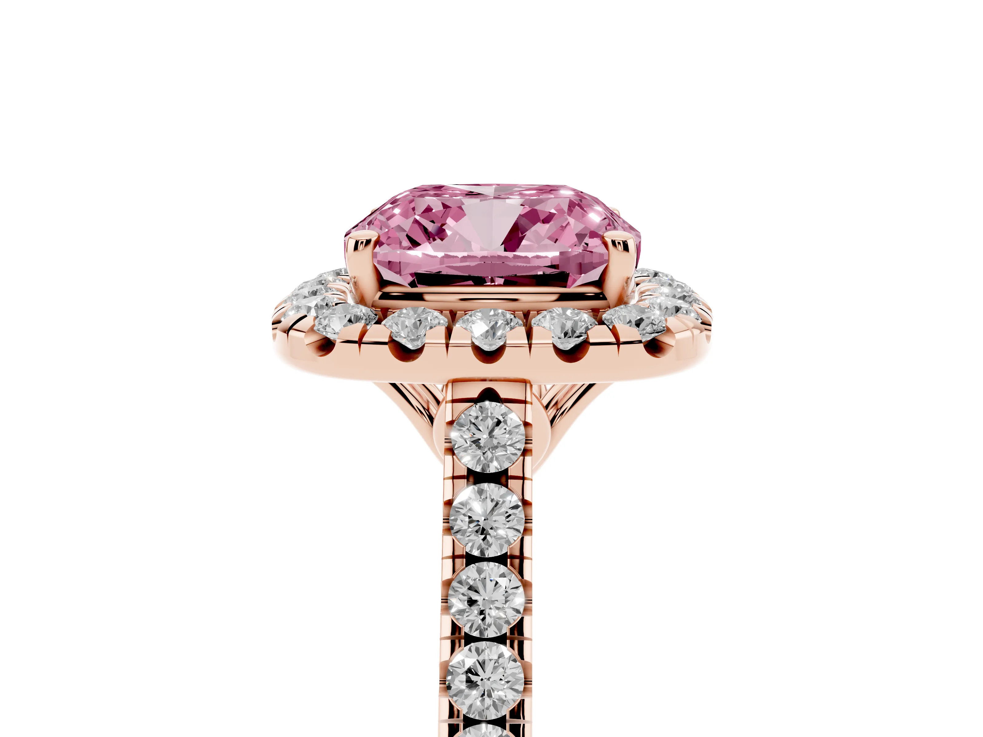Fancy Pink Cushion Cut Diamond Pavé Halo Engagement Ring Set in Rose gold with Pavé Band and Prong Setting