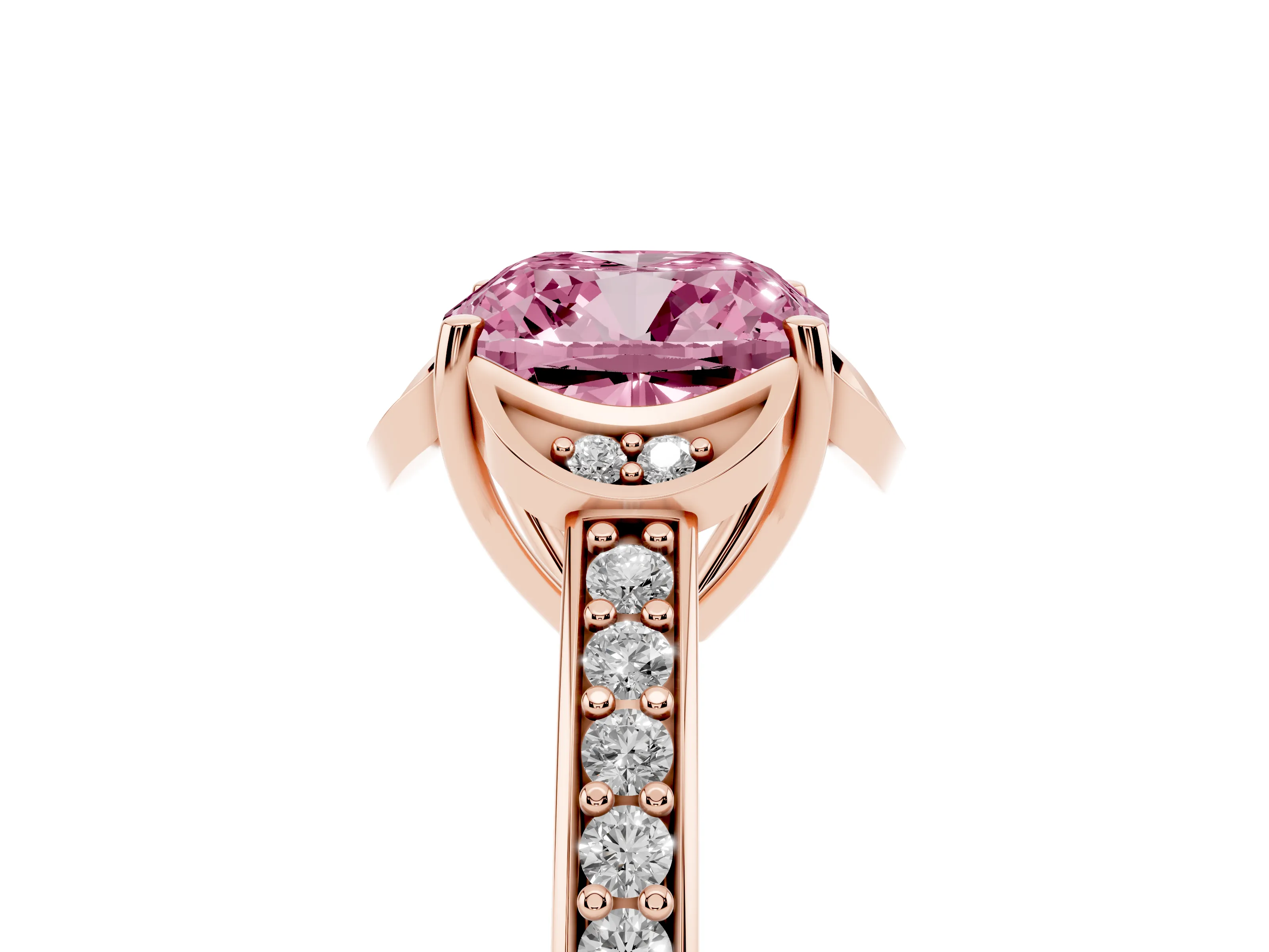 Fancy Pink Cushion Cut Diamond Halo Ring Set in Rose gold with Channel Set Band and Prong Setting