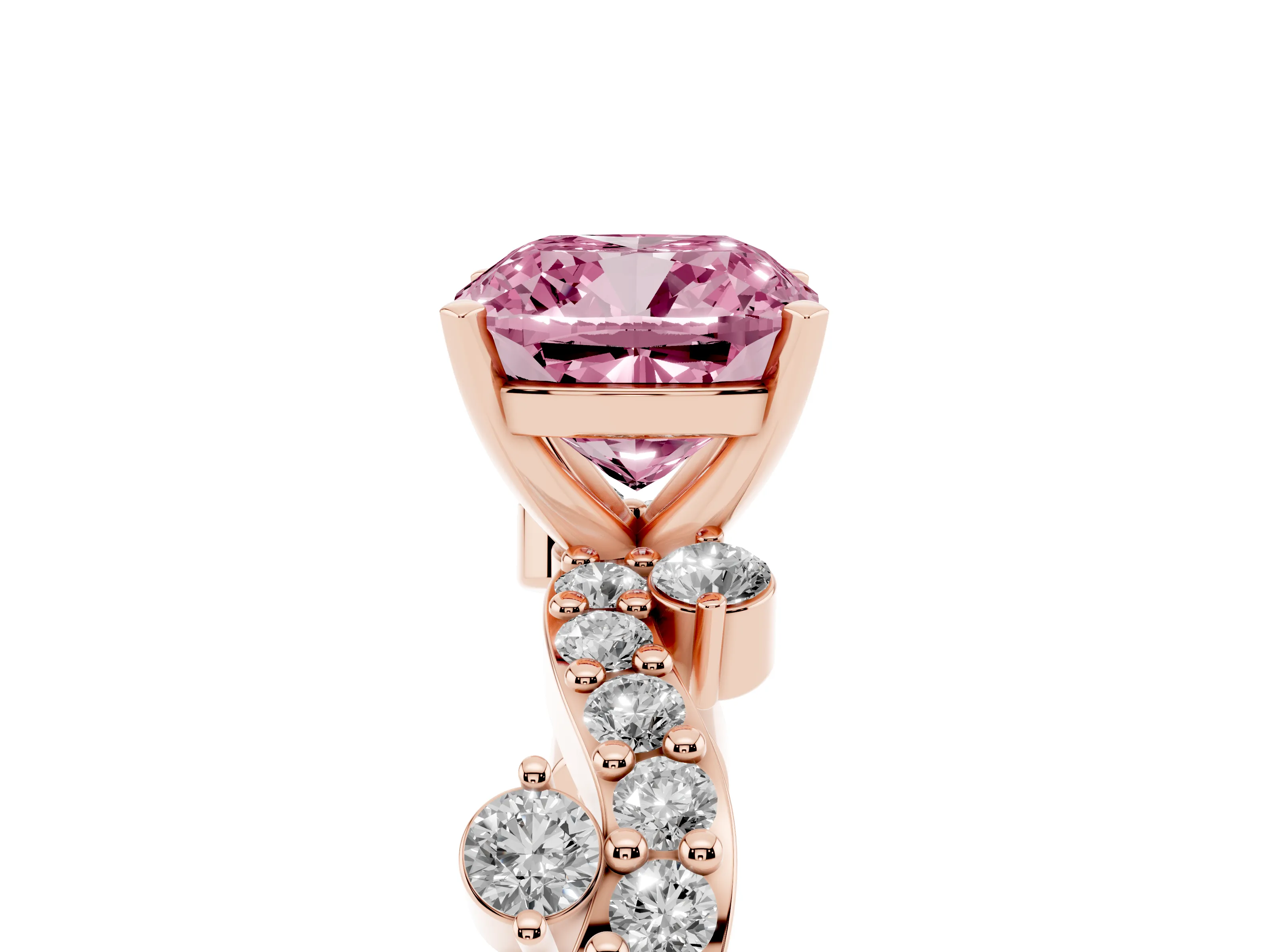 Fancy Pink Cushion Cut Diamond Solitaire Twisted Band Set in Rose gold with Pavé Setting