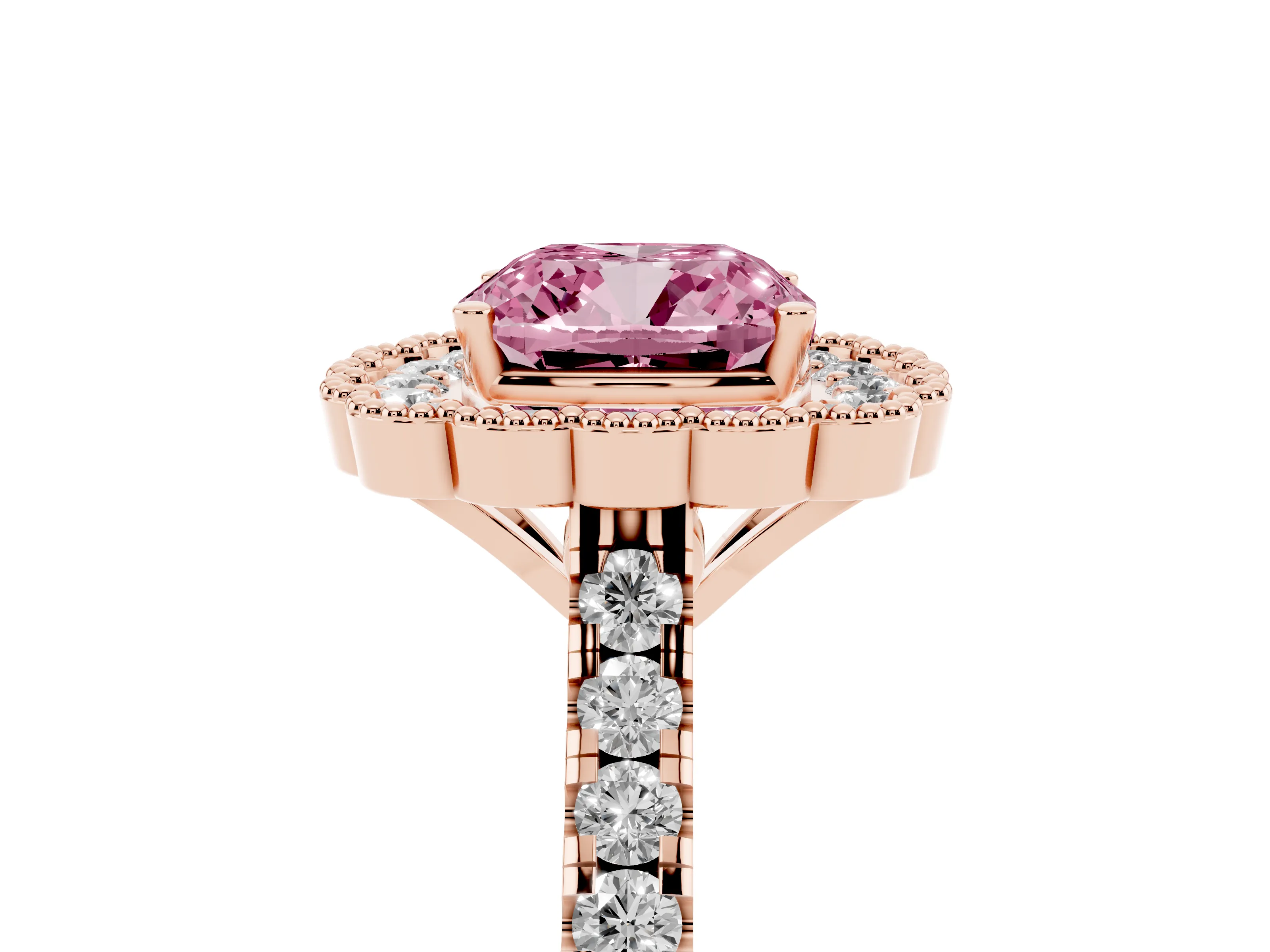 Fancy Pink Cushion Cut Diamond Milgrain Floral Halo Engagement Ring Set in Rose gold with Pavé Band