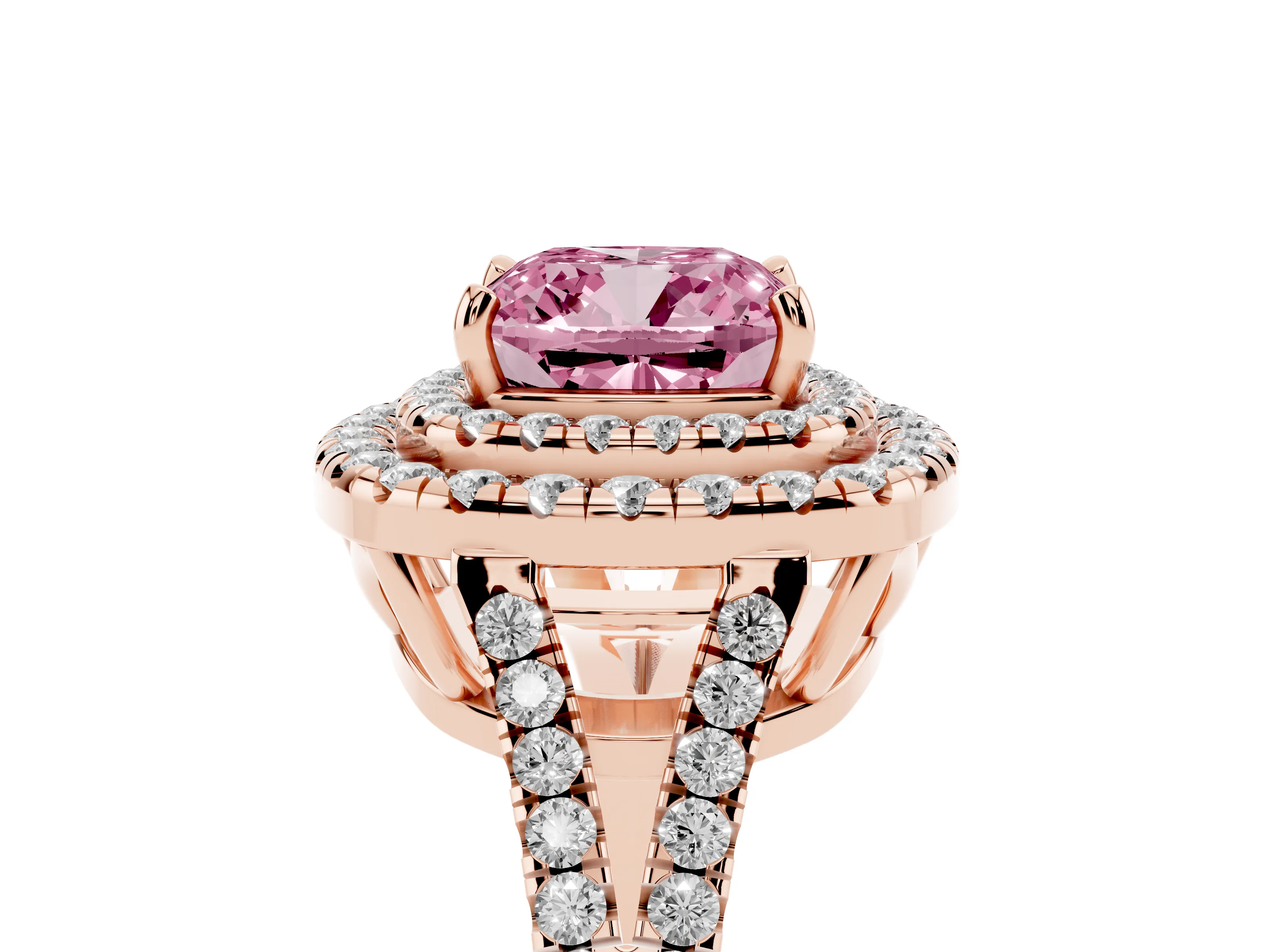 Fancy Pink Cushion Cut Diamond Double Halo Ring Set in Rose gold with Pavé Band