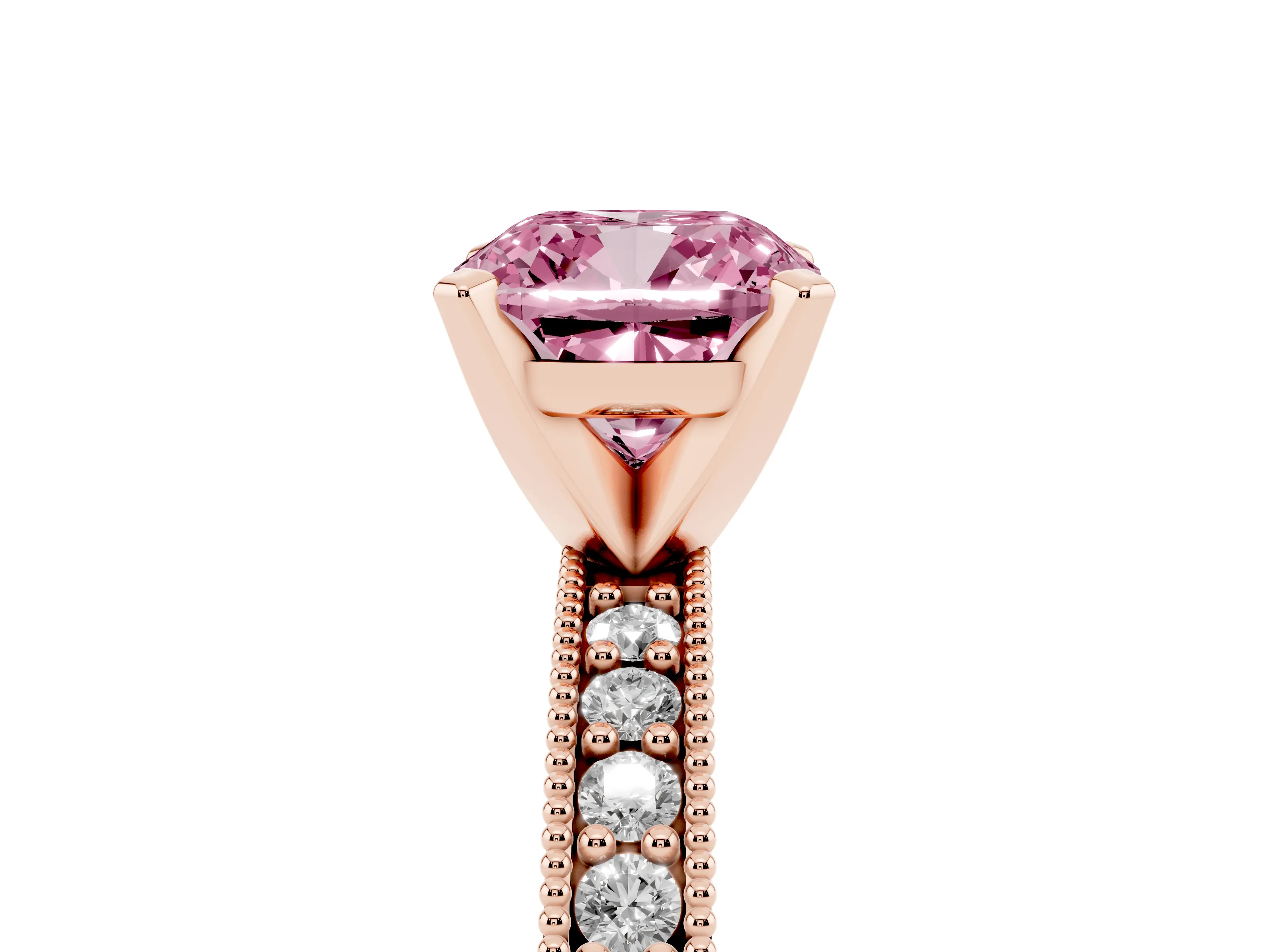 Fancy Pink Cushion Cut Diamond Milgrain Pavé Engagement Ring Set in Rose gold with Prong Setting
